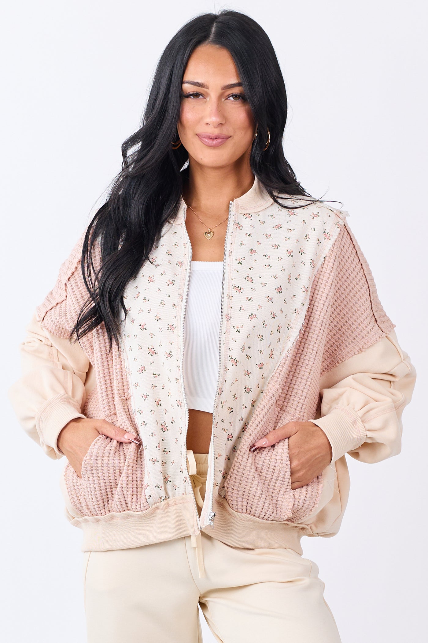 Vanilla Floral Print Contrast Waffle Knit Cotton Jacket