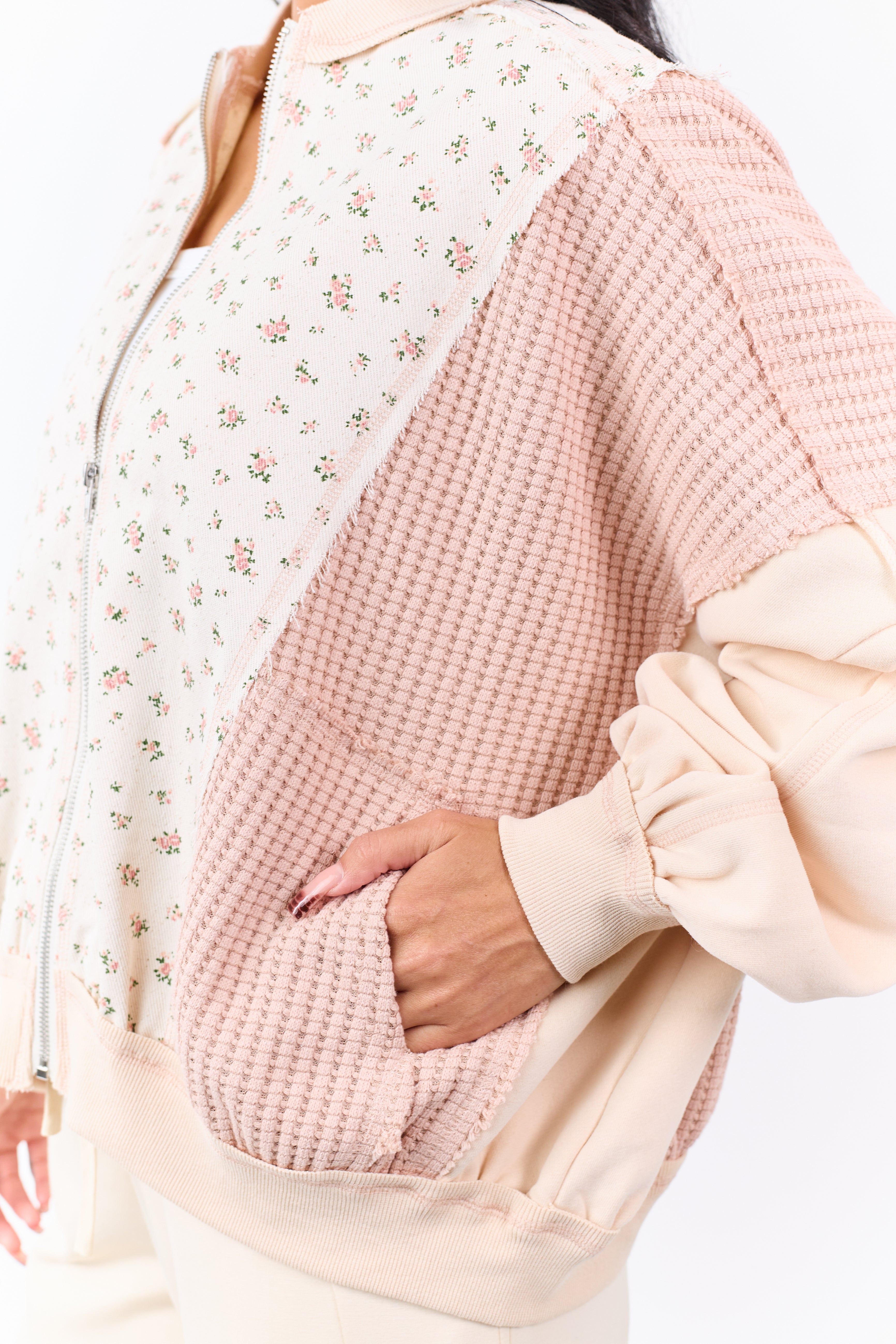 Vanilla Floral Print Contrast Waffle Knit Cotton Jacket