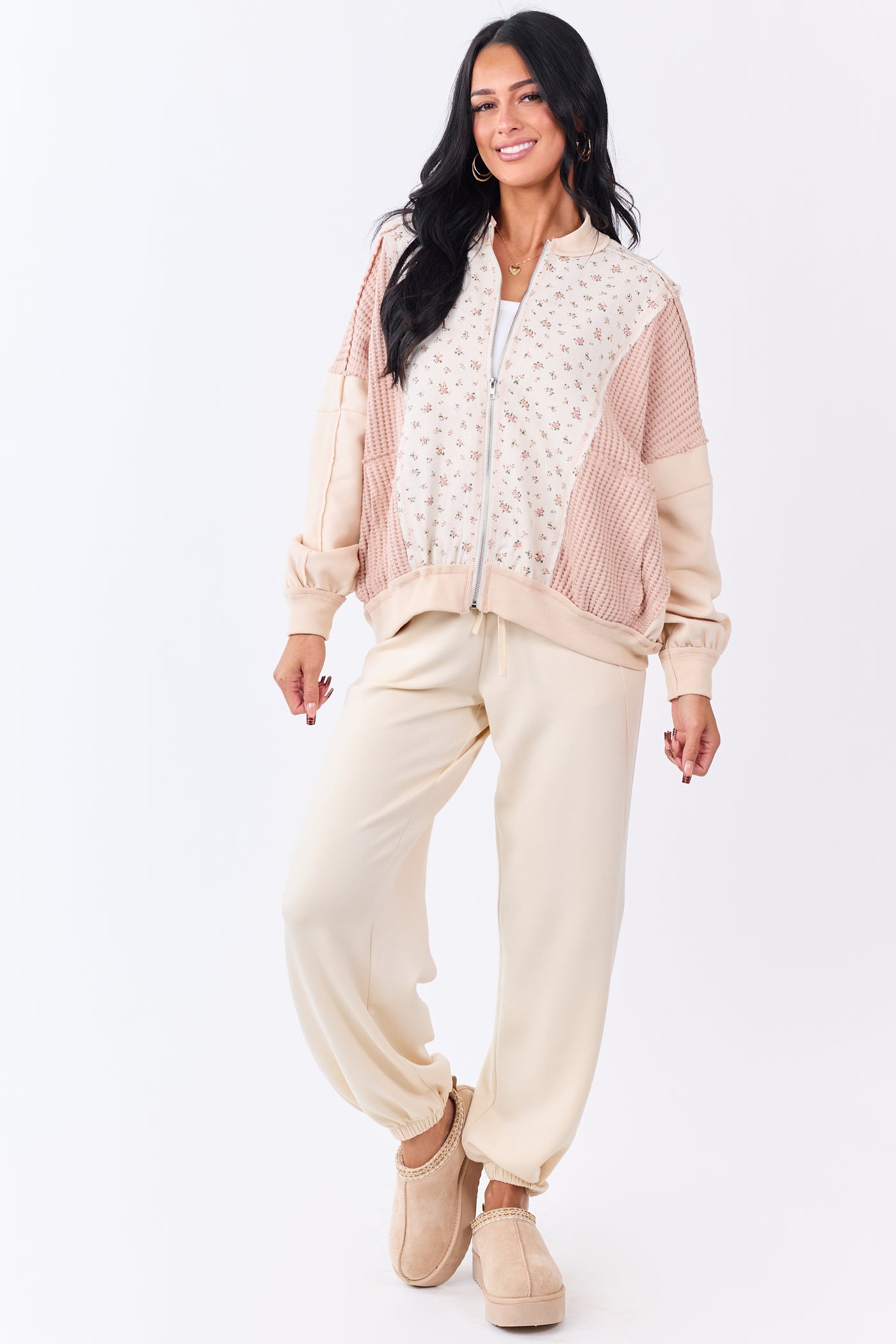 Vanilla Floral Print Contrast Waffle Knit Cotton Jacket