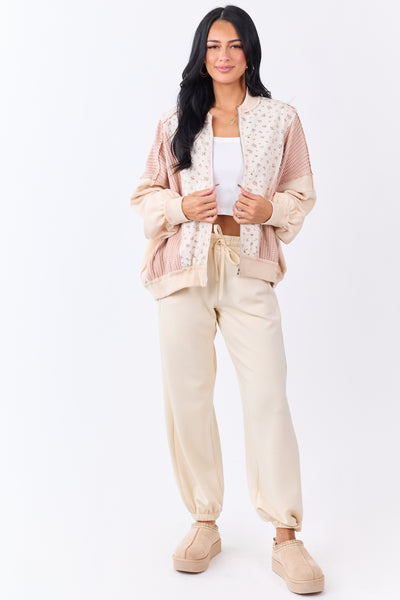 Vanilla Floral Print Contrast Waffle Knit Cotton Jacket