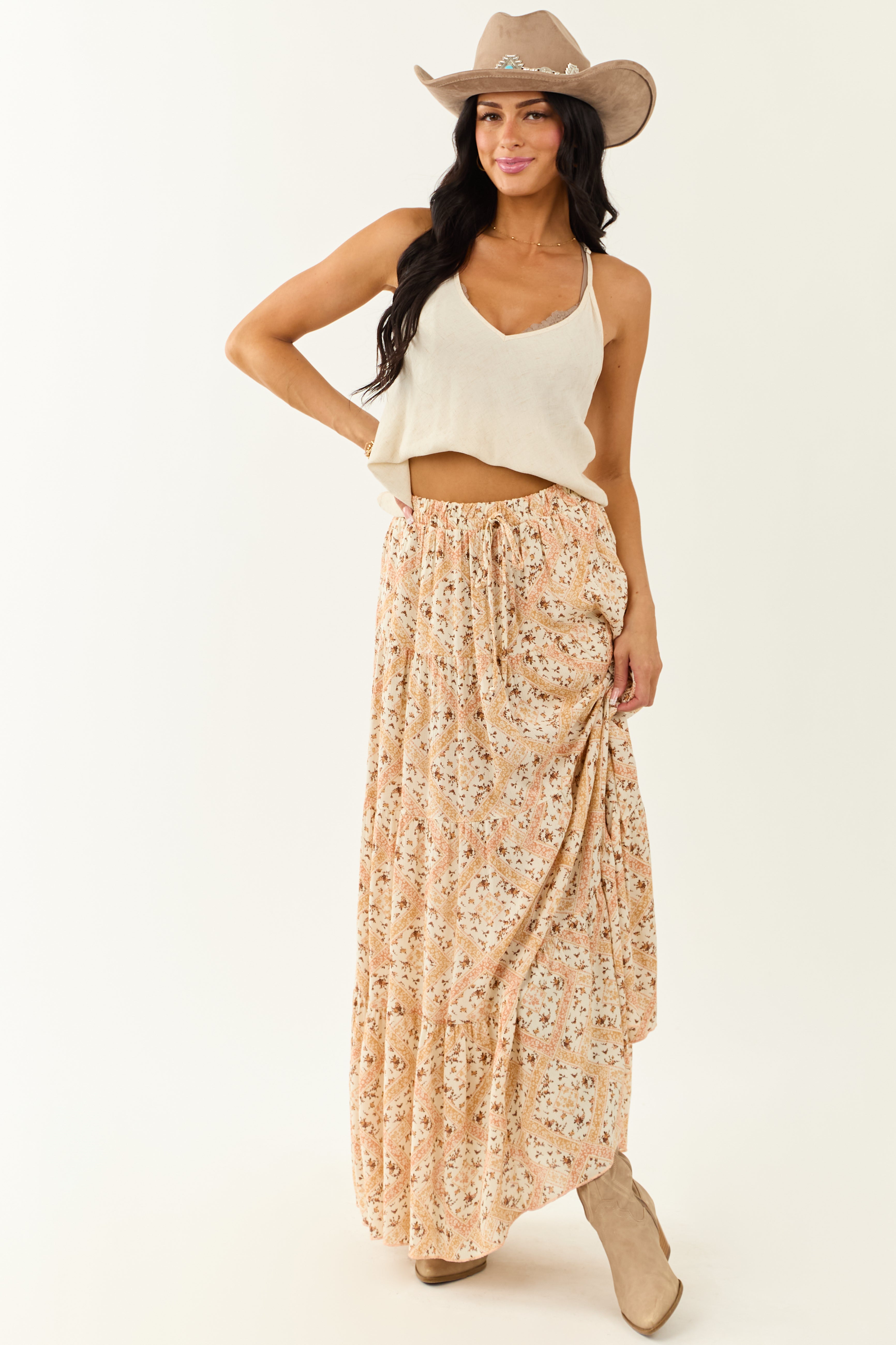 Vanilla Floral Print Flowy Tiered Maxi Skirt | Lime Lush Boutique