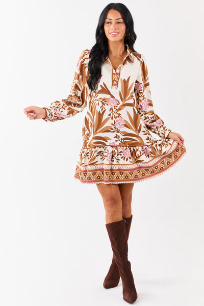 Vanilla Floral Print Half Button Up Mini Dress