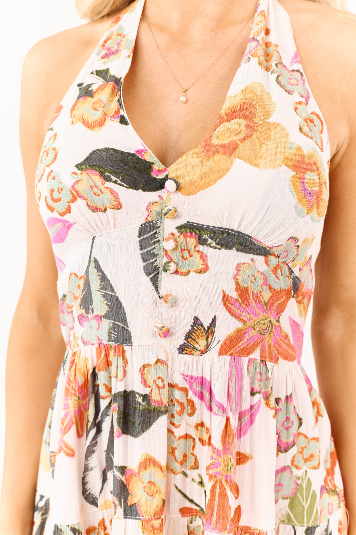 Vanilla Floral Print Halter Neck Mini Dress