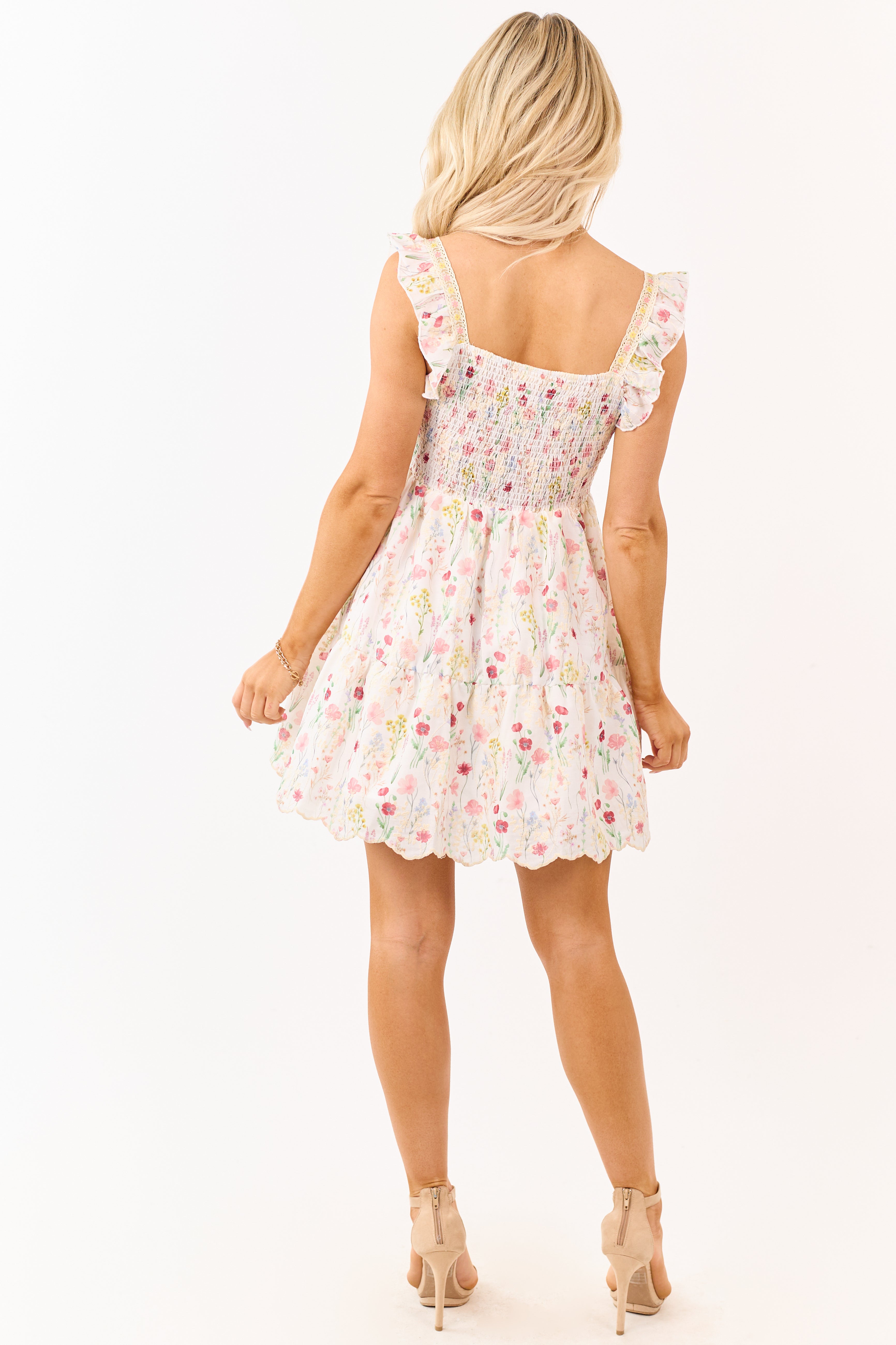 Vanilla Floral Print Scalloped Hem Mini Dress