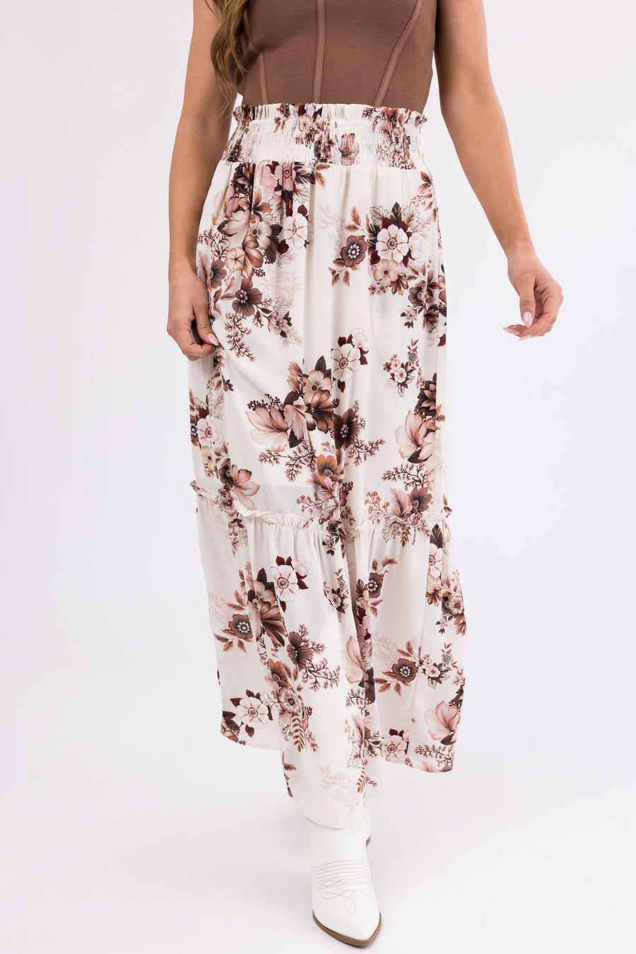 Vanilla Floral Print Smocked Waist Maxi Skirt