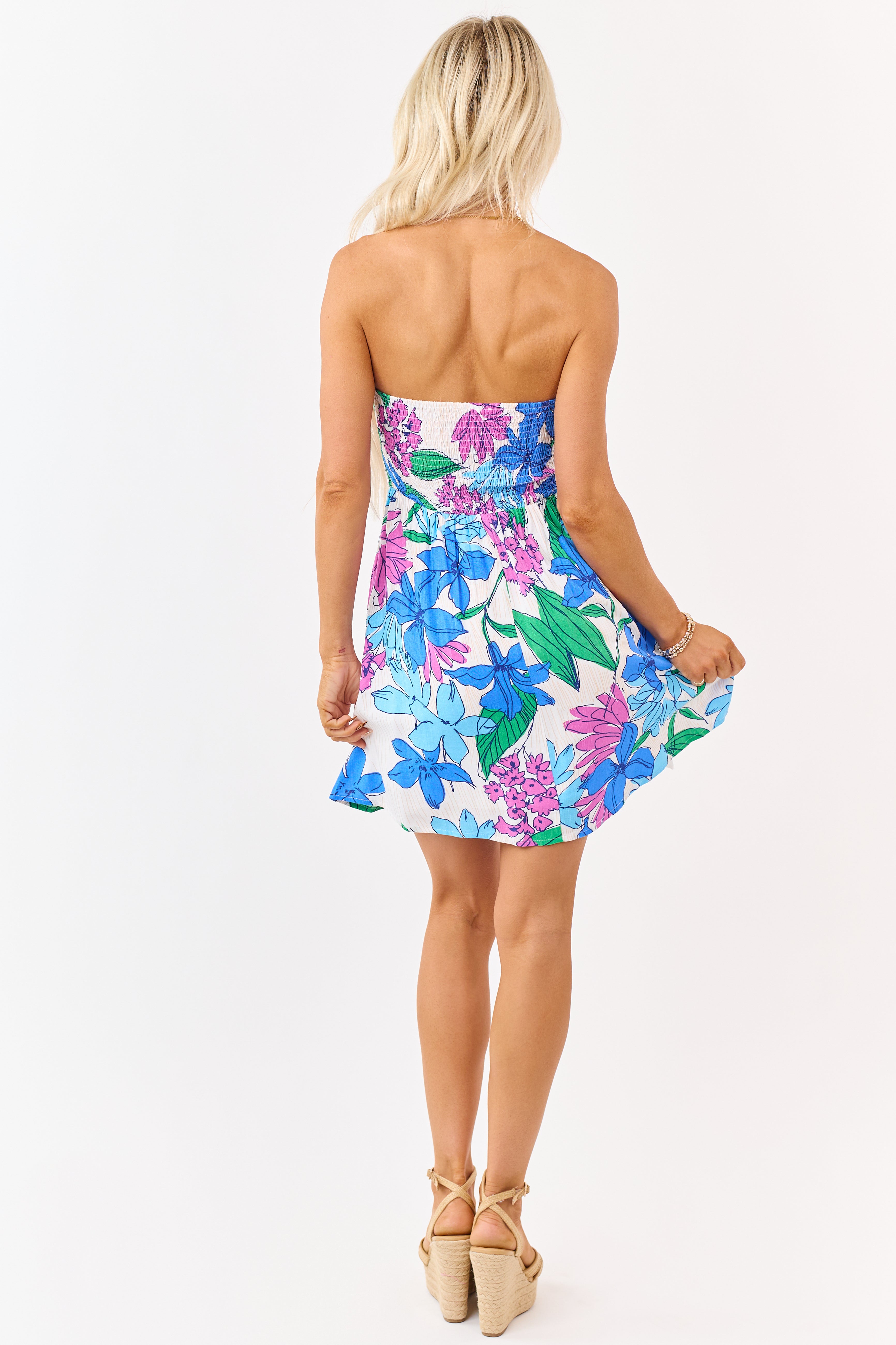 Vanilla Floral Print Strapless Knot Bust Mini Dress