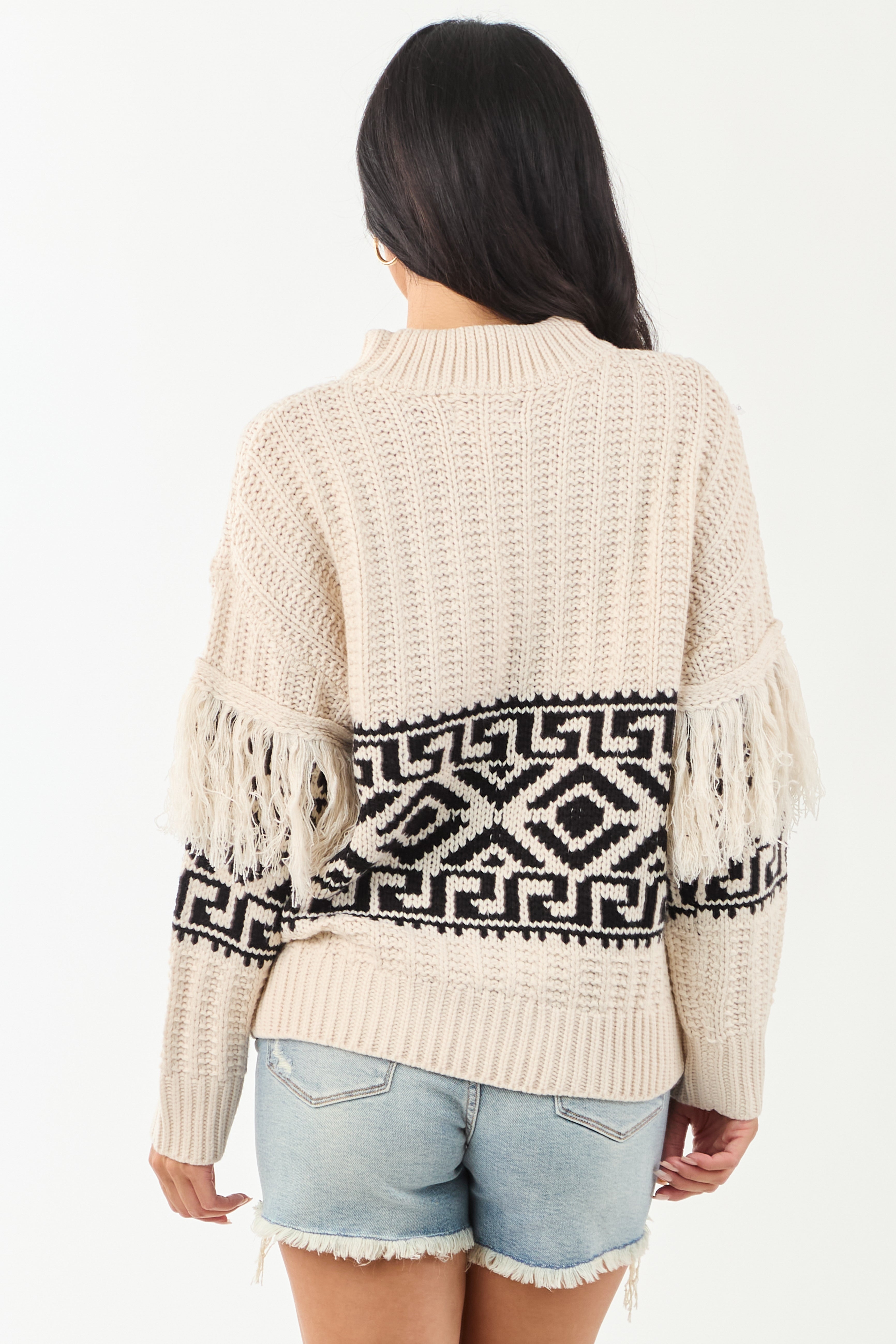 Vanilla Geometric Pattern Fringe Sleeve Knit Sweater
