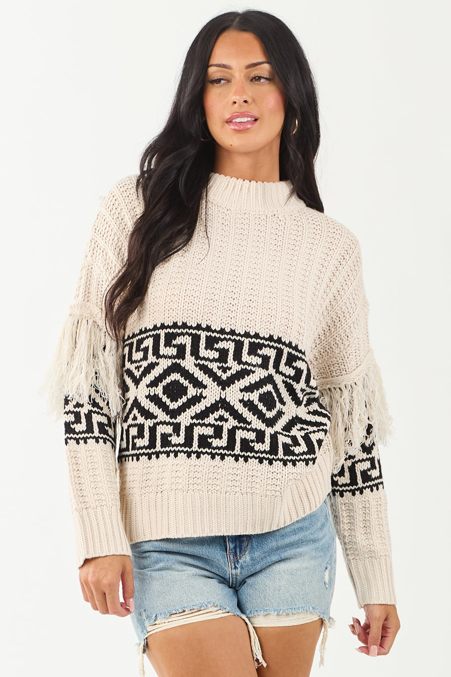 Vanilla Geometric Pattern Fringe Sleeve Knit Sweater