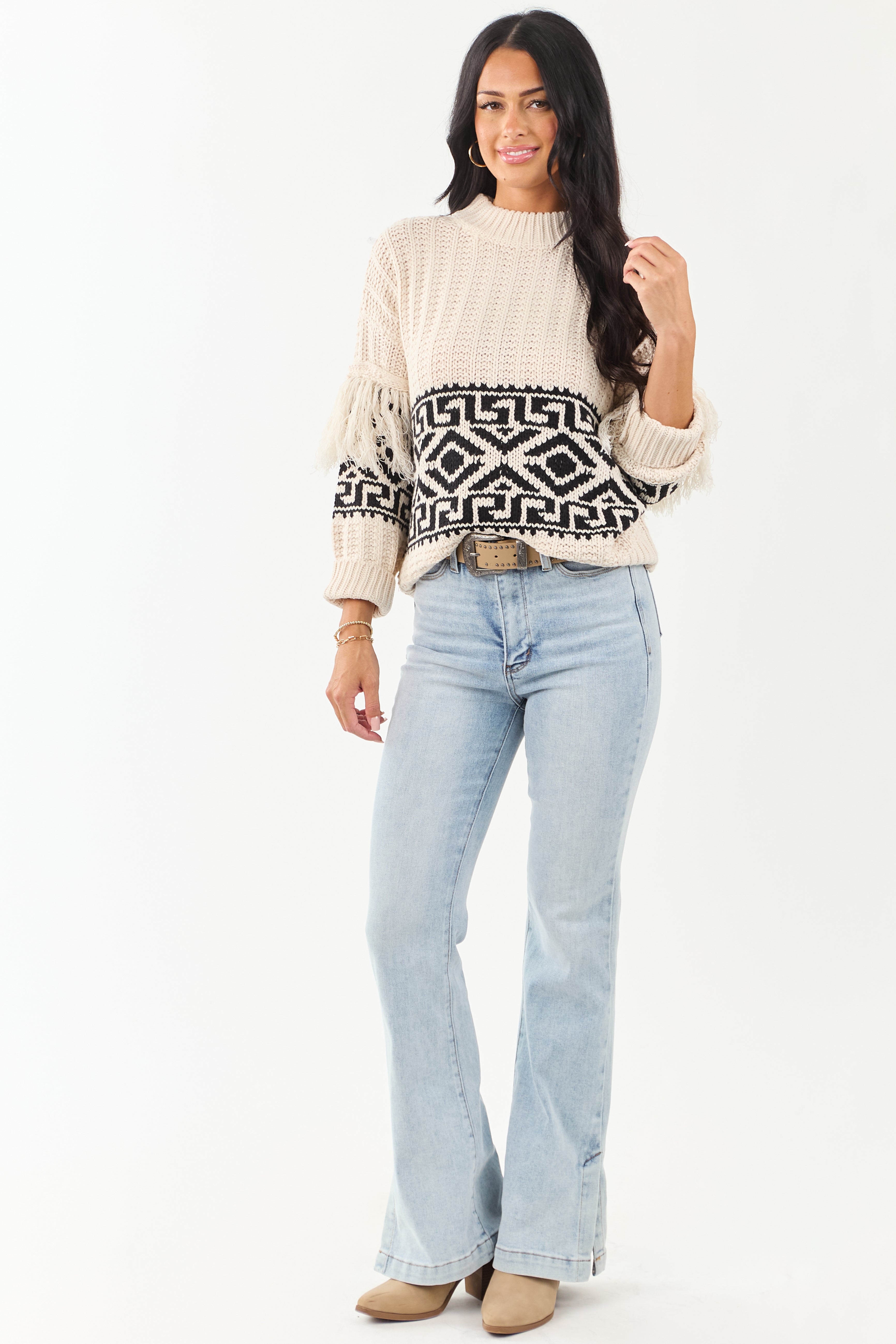 Vanilla Geometric Pattern Fringe Sleeve Knit Sweater | Lime Lush
