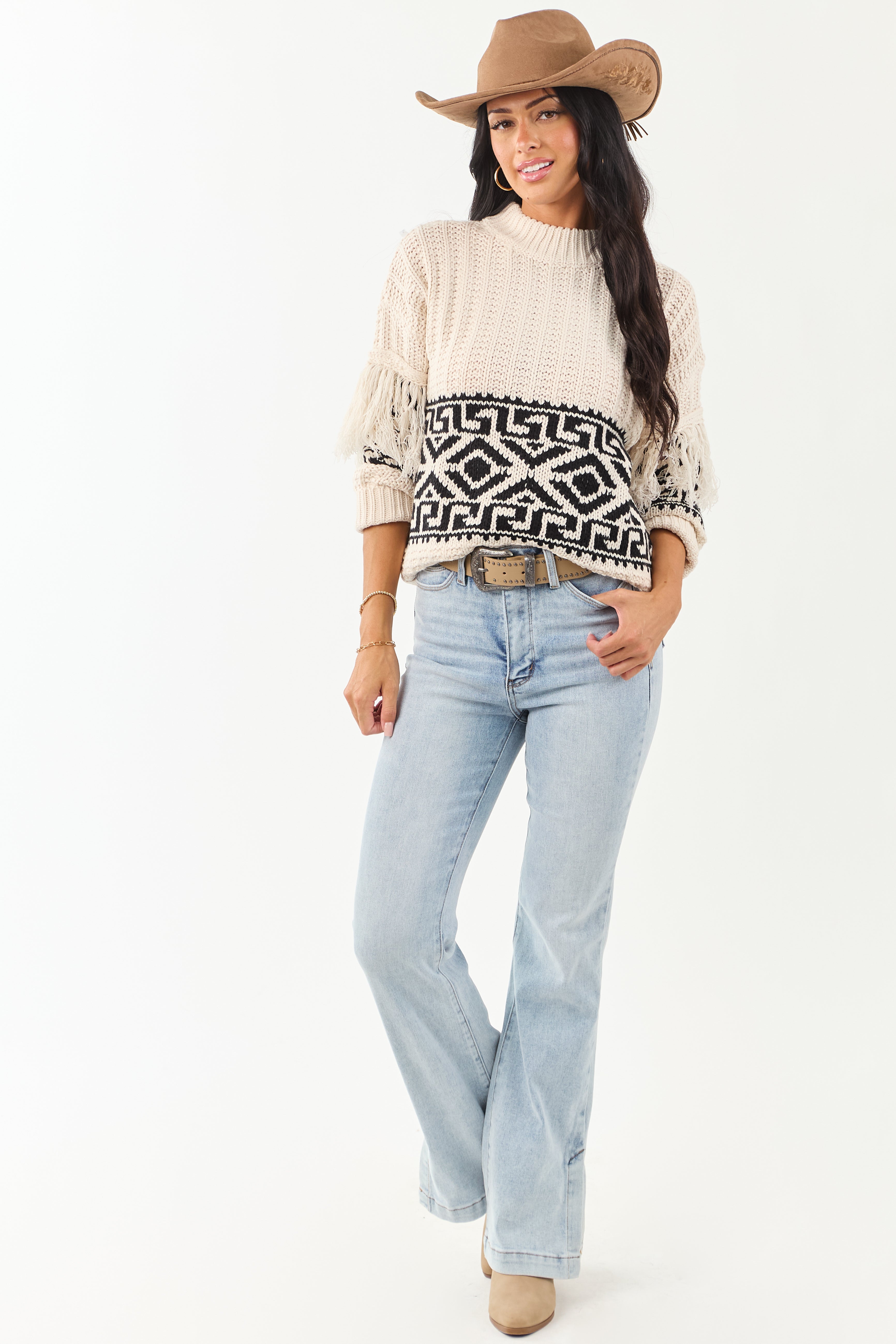 Vanilla Geometric Pattern Fringe Sleeve Knit Sweater