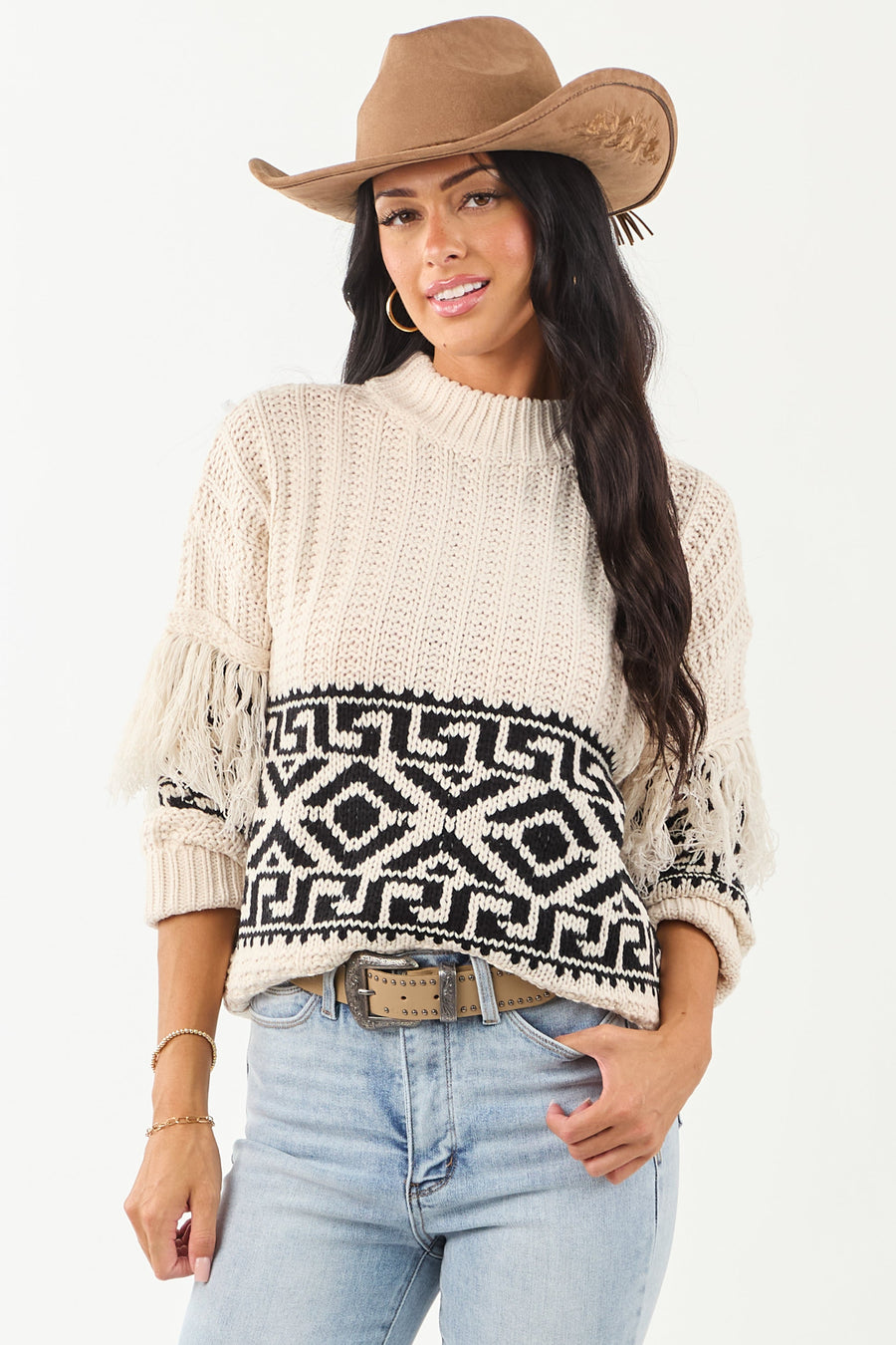 Vanilla Geometric Pattern Fringe Sleeve Knit Sweater