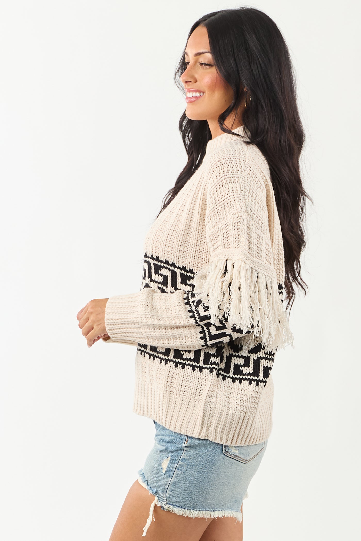 Vanilla Geometric Pattern Fringe Sleeve Knit Sweater