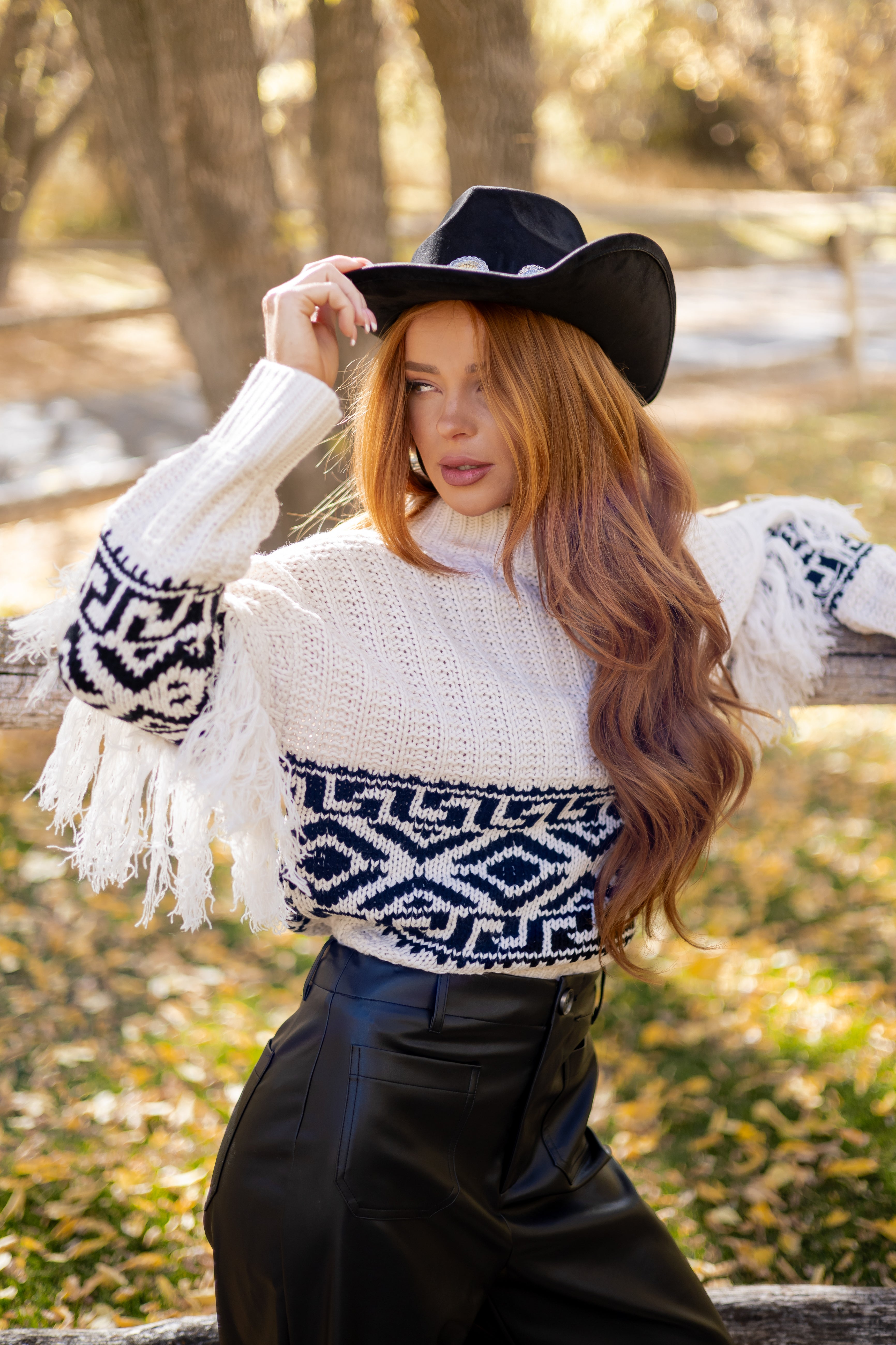 Vanilla Geometric Pattern Fringe Sleeve Knit Sweater | Lime Lush