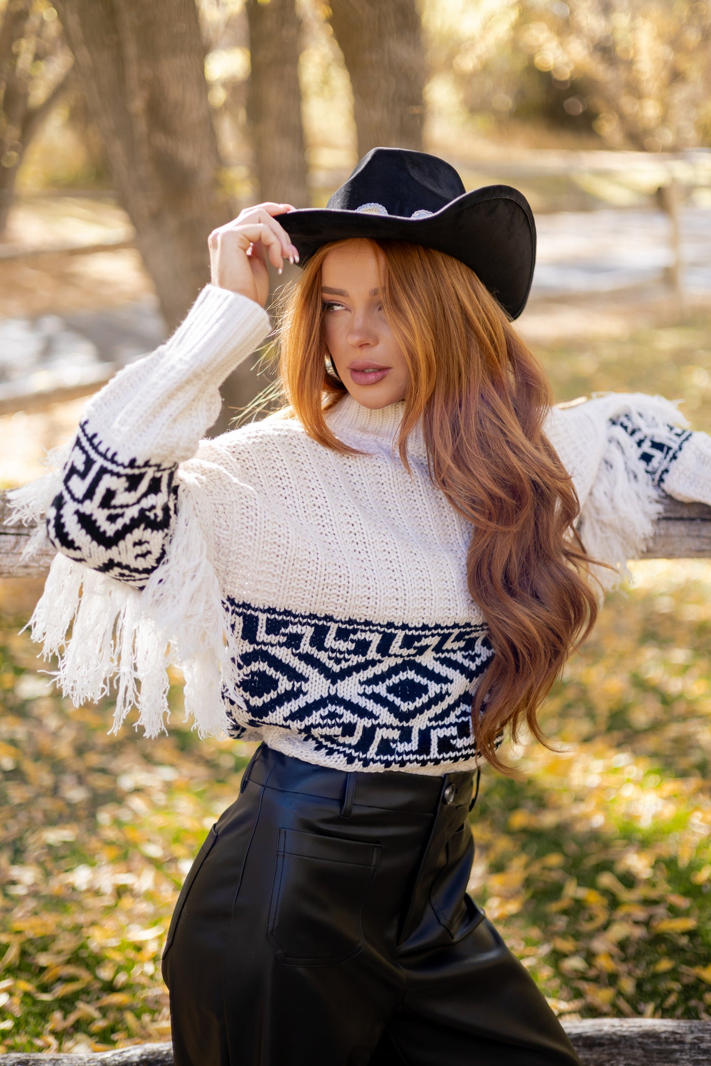 Vanilla Geometric Pattern Fringe Sleeve Knit Sweater