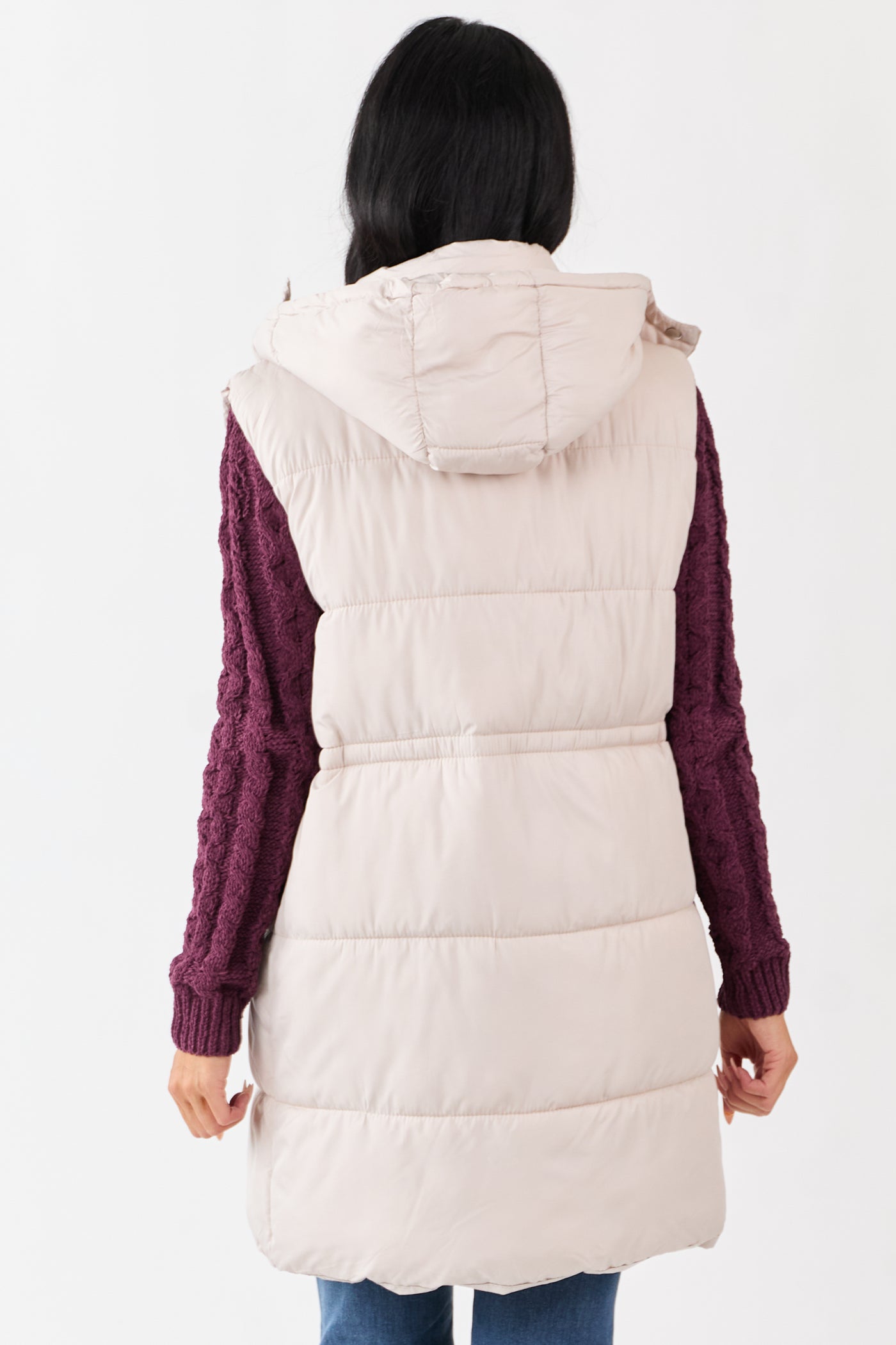 Vanilla Hooded Zip Up Quilted Long Puffer Vest
