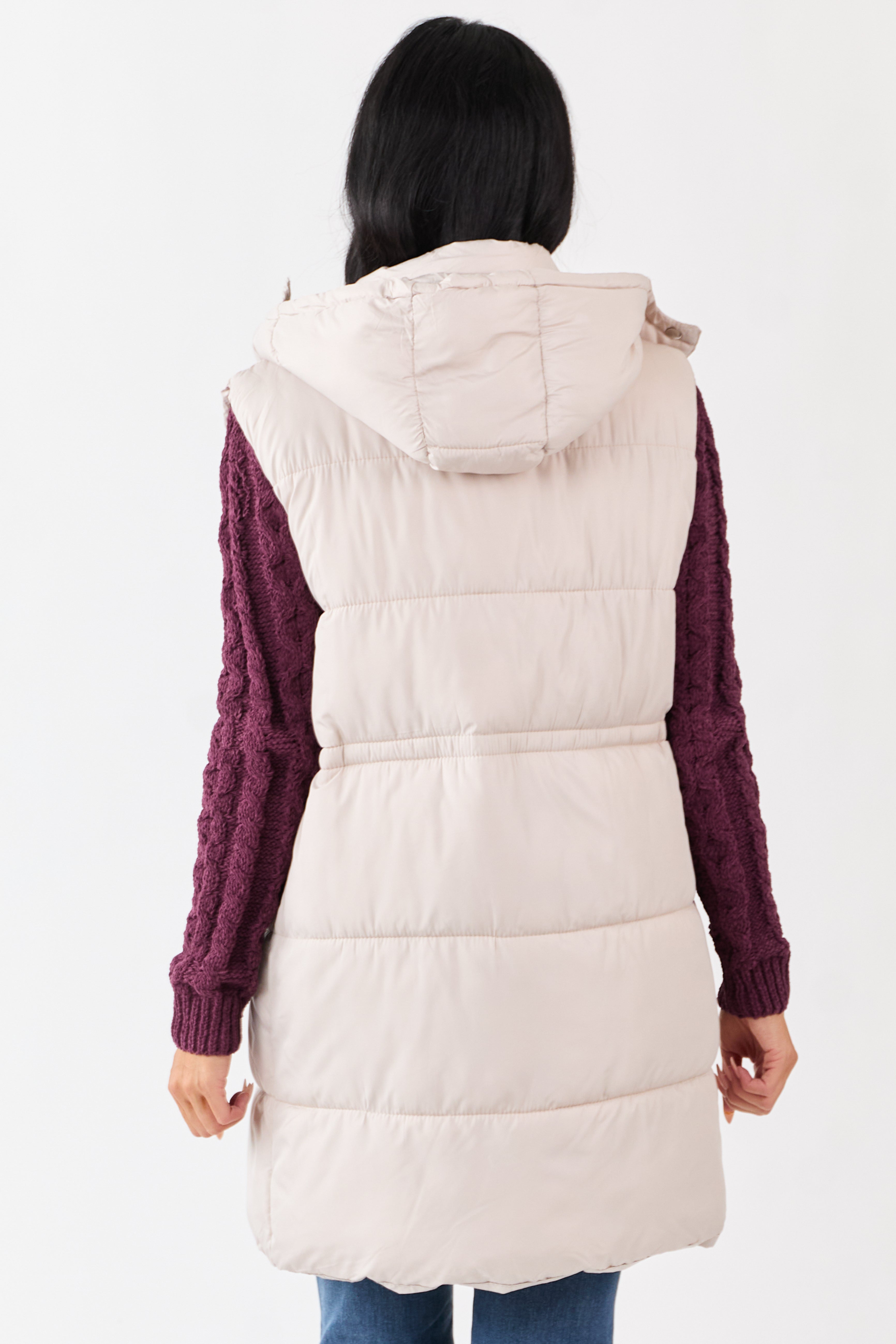Vanilla Hooded Zip Up Quilted Long Puffer Vest