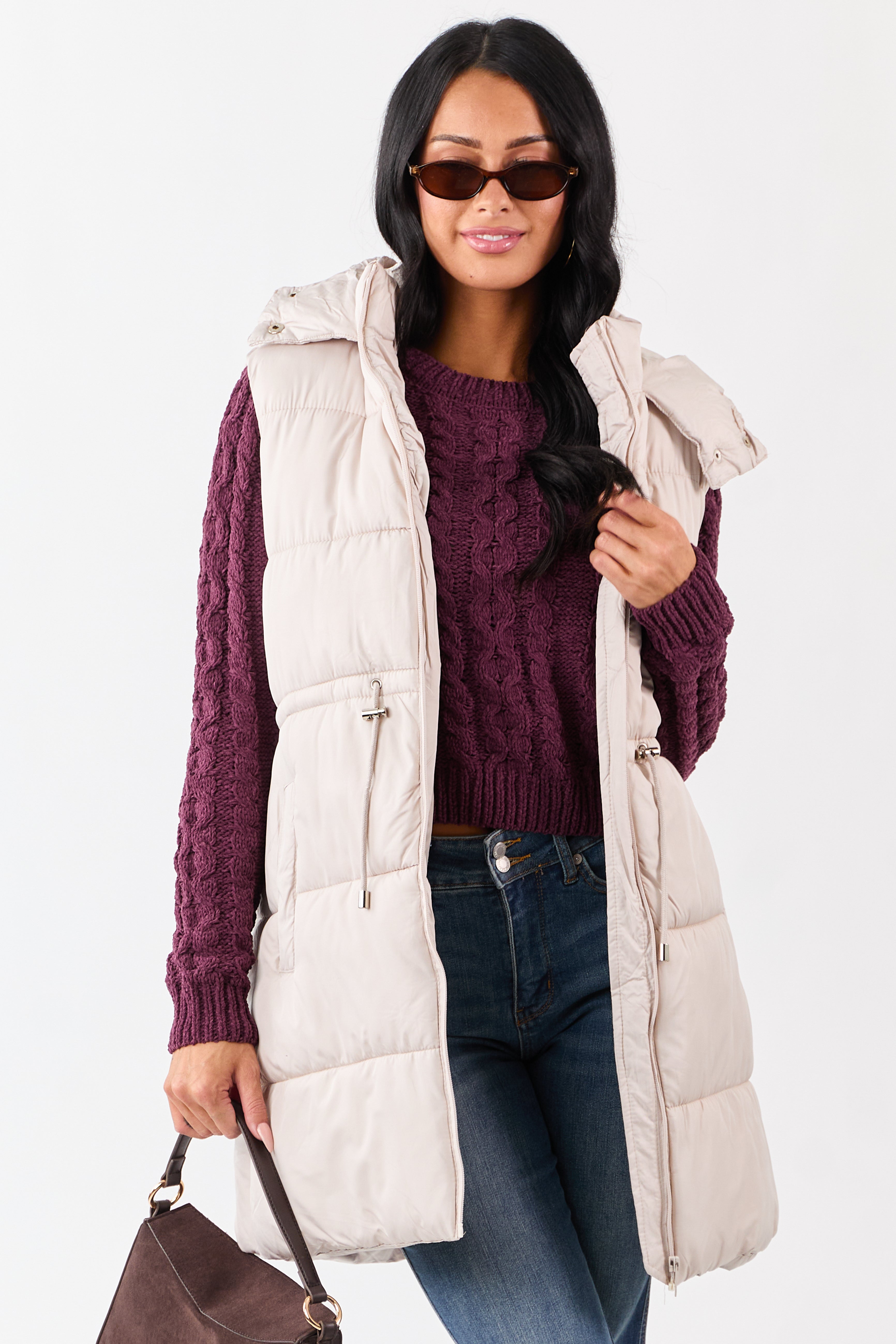 Vanilla Hooded Zip Up Quilted Long Puffer Vest