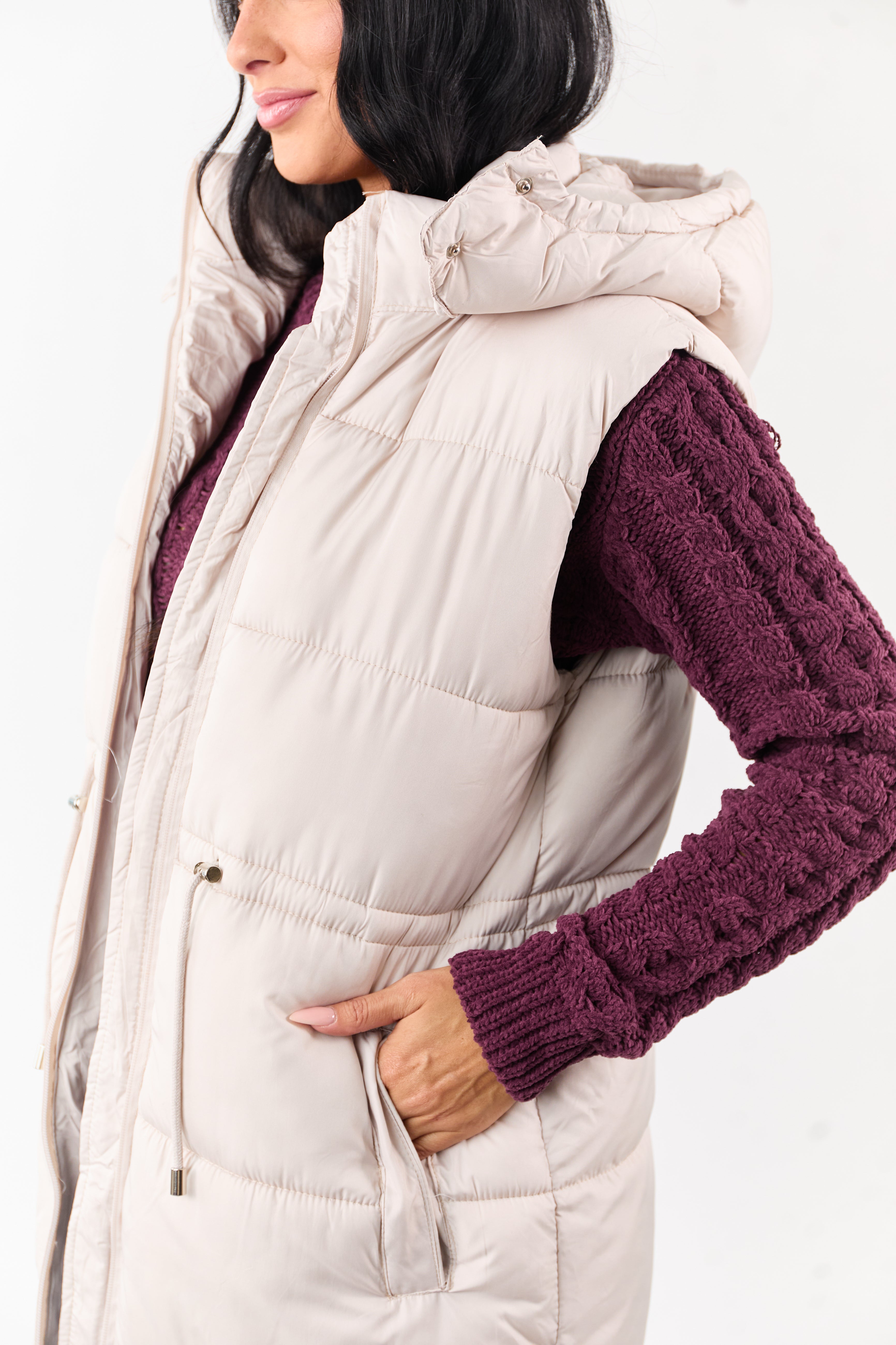 Vanilla Hooded Zip Up Quilted Long Puffer Vest