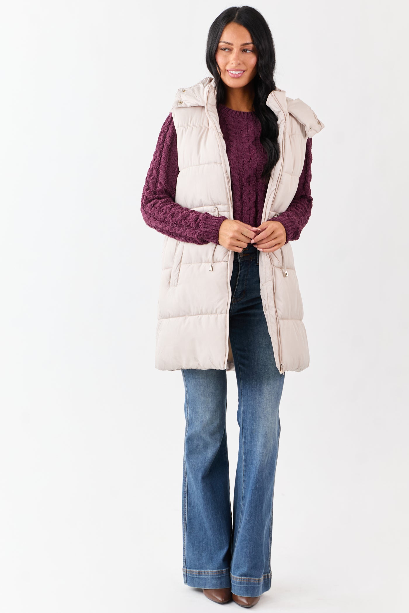 Vanilla Hooded Zip Up Quilted Long Puffer Vest