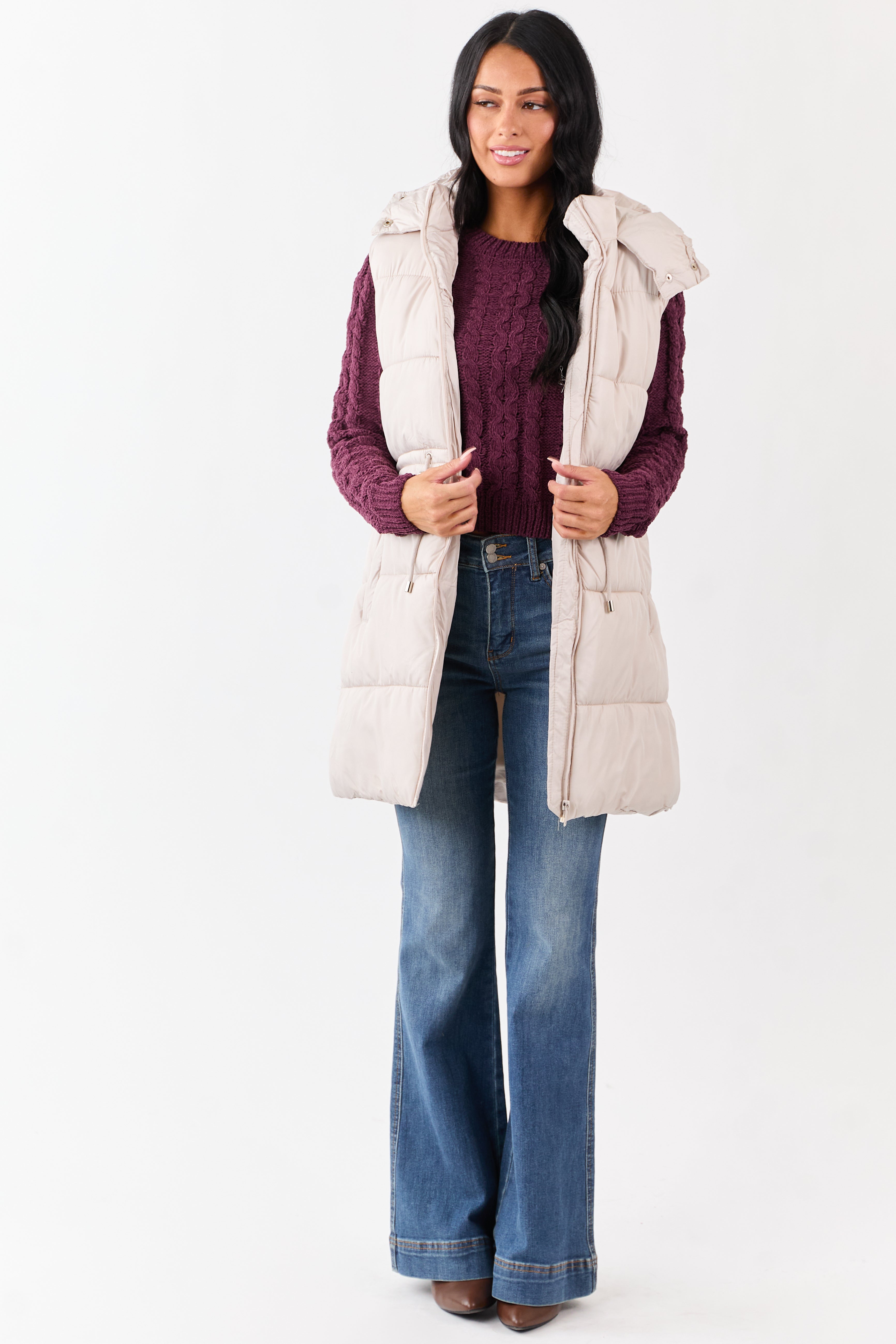 Vanilla Hooded Zip Up Quilted Long Puffer Vest