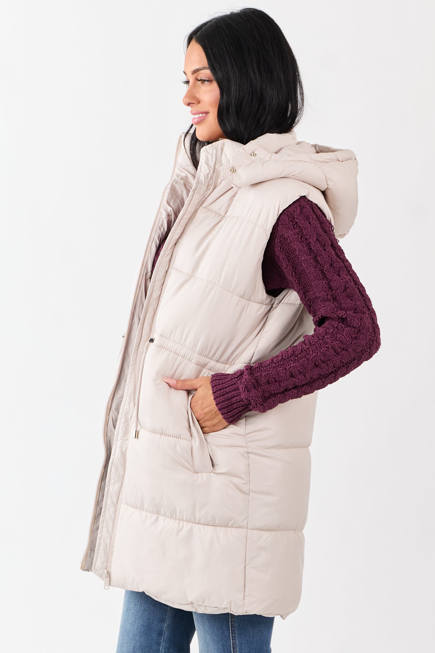 Vanilla Hooded Zip Up Quilted Long Puffer Vest