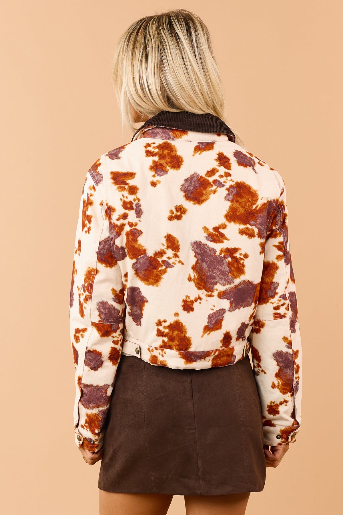 Vanilla Ivory Cow Print Canvas Zip Up Jacket