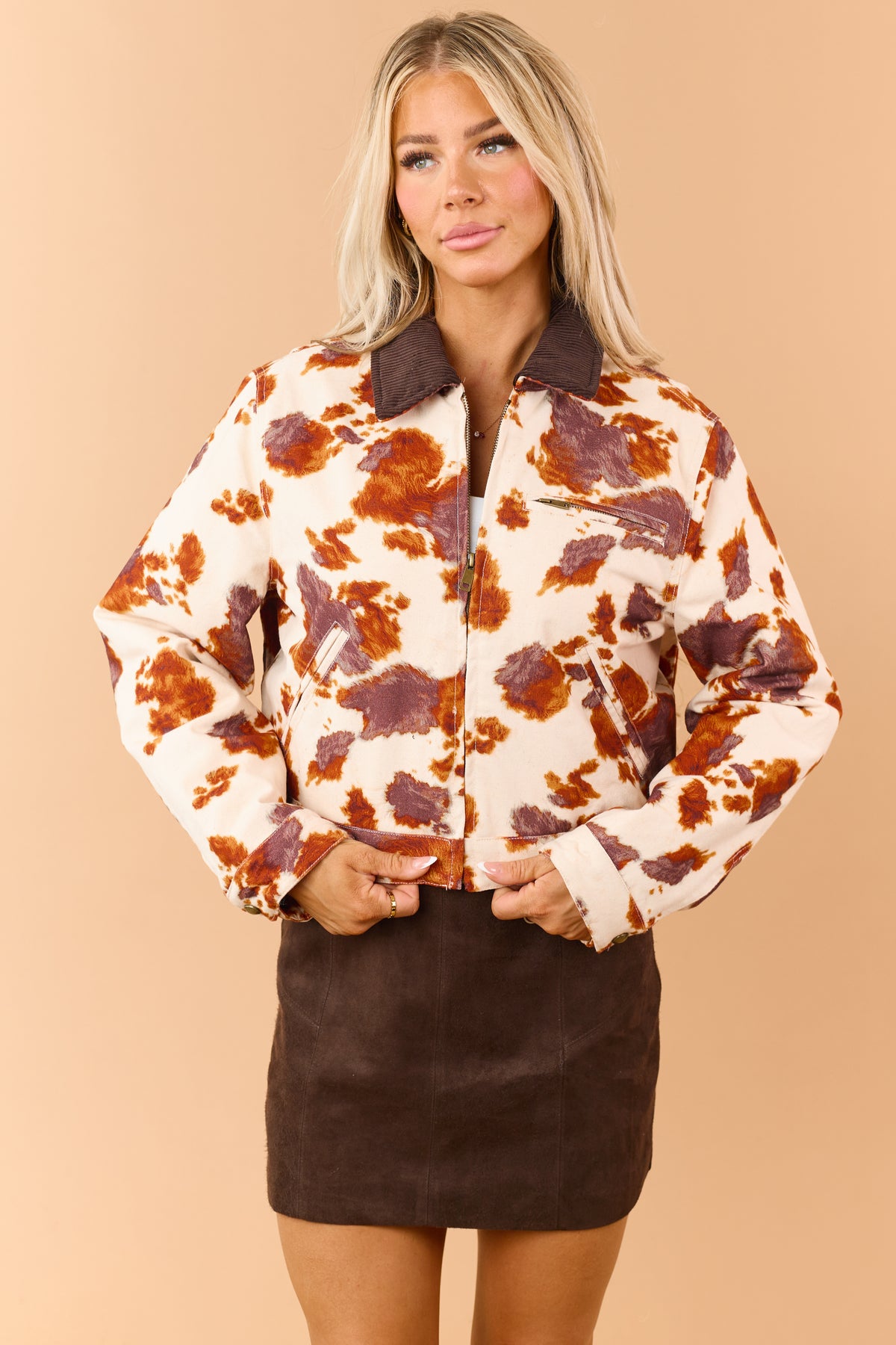 Vanilla Ivory Cow Print Canvas Zip Up Jacket