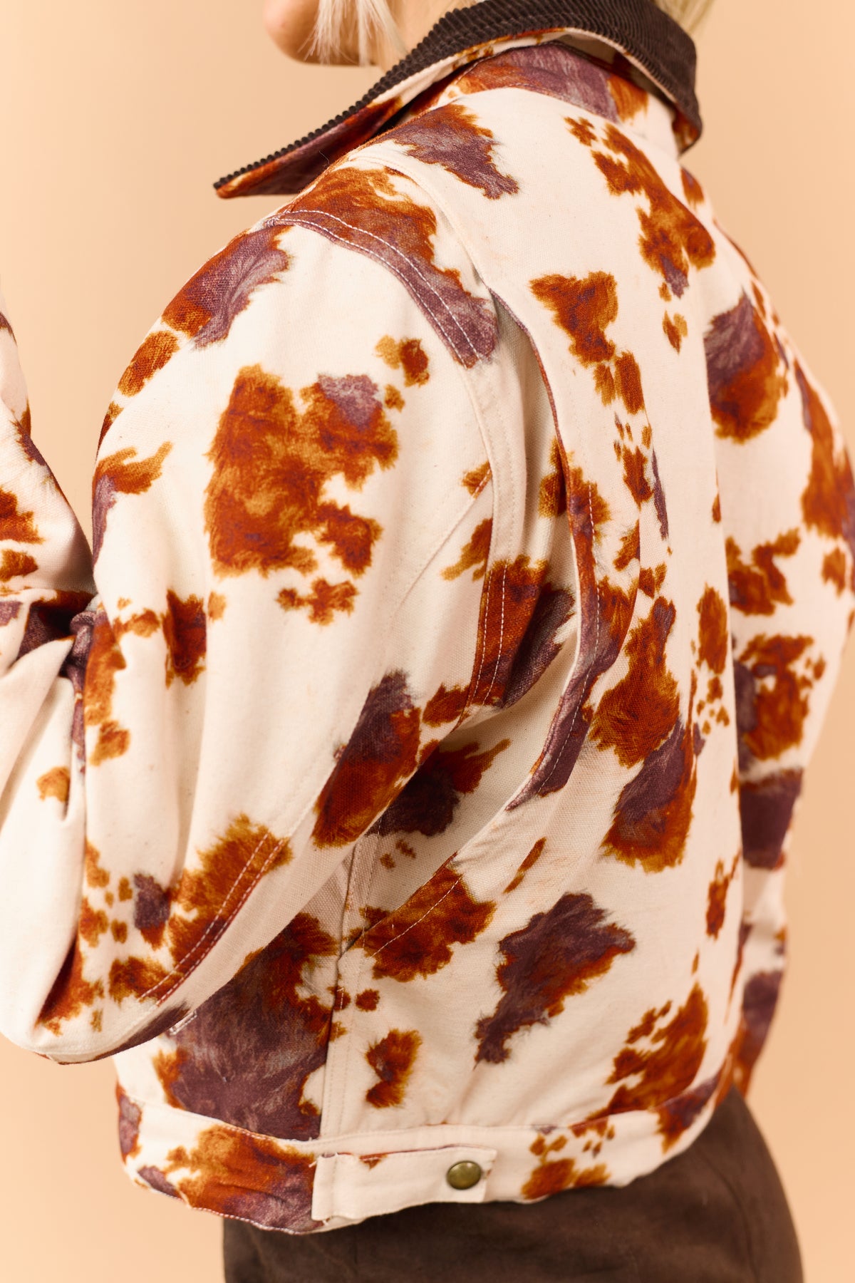 Vanilla Ivory Cow Print Canvas Zip Up Jacket