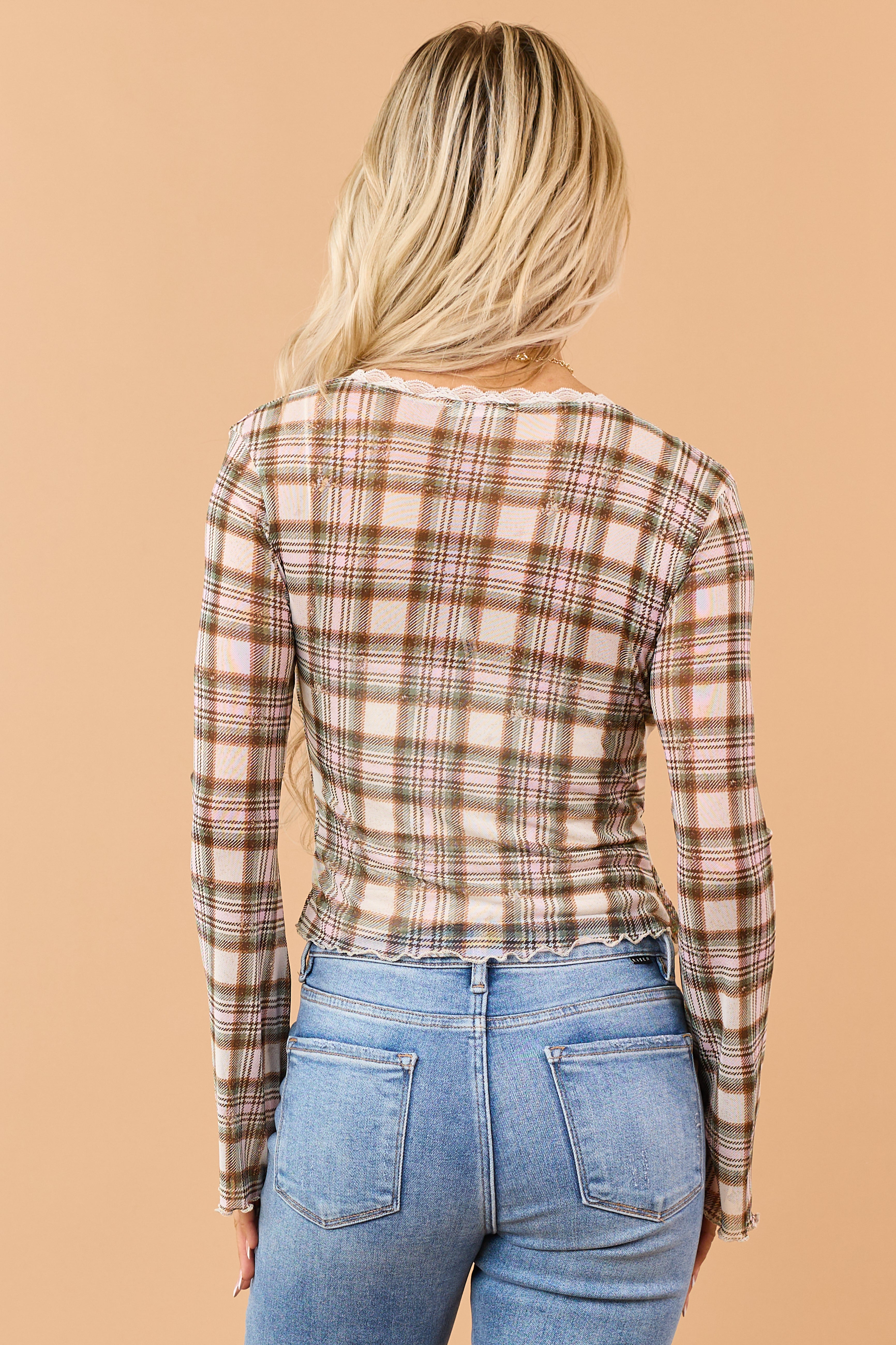 Vanilla Ivory Sheer Mesh Plaid Front Tie Top | Lime Lush Boutique