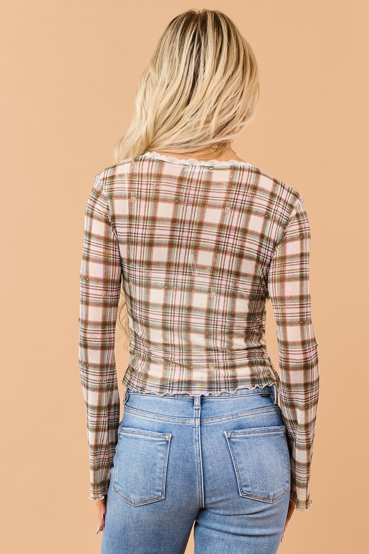 Vanilla Ivory Sheer Mesh Plaid Front Tie Top