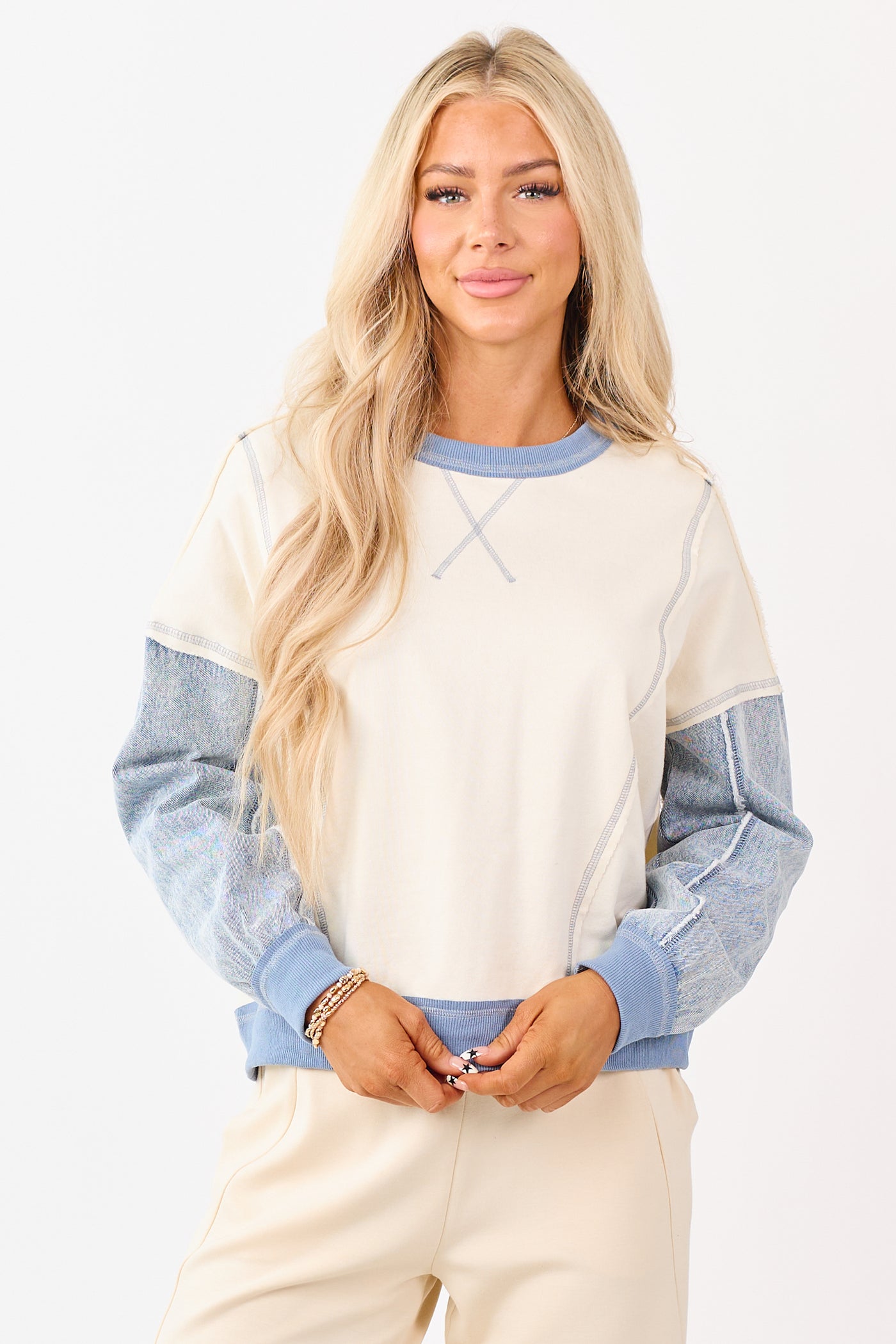 Vanilla Knit Contrast Denim Long Sleeve Top