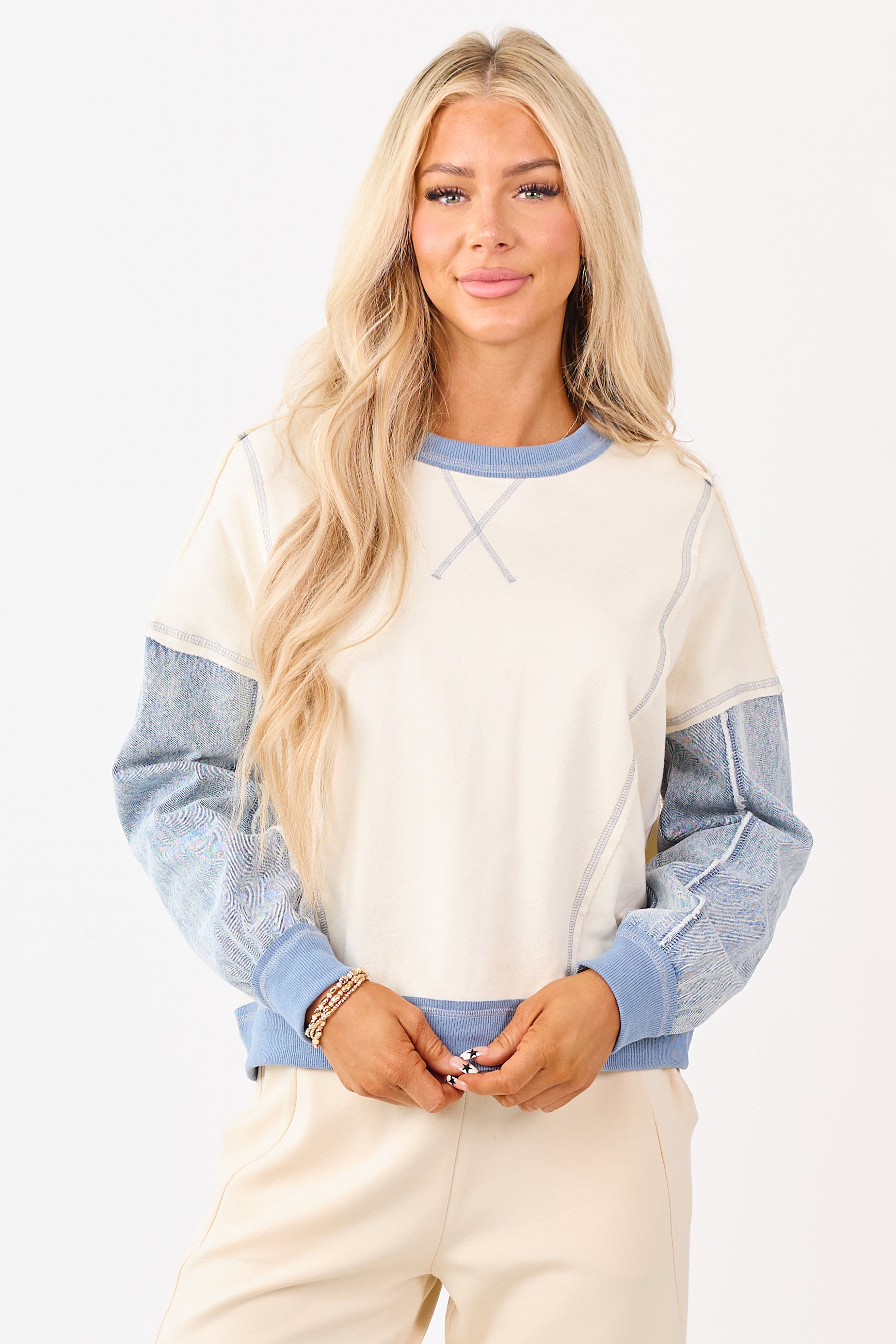 Vanilla Knit Contrast Denim Long Sleeve Top