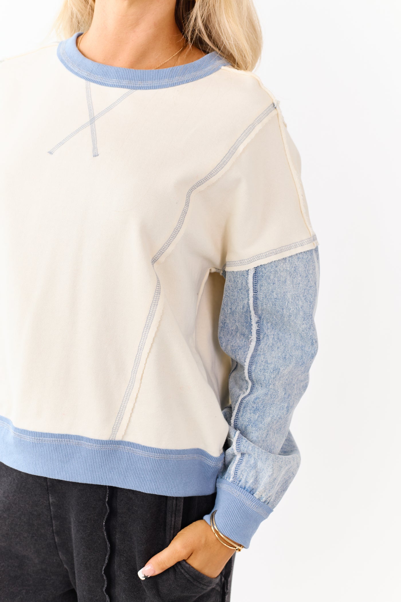 Vanilla Knit Contrast Denim Long Sleeve Top