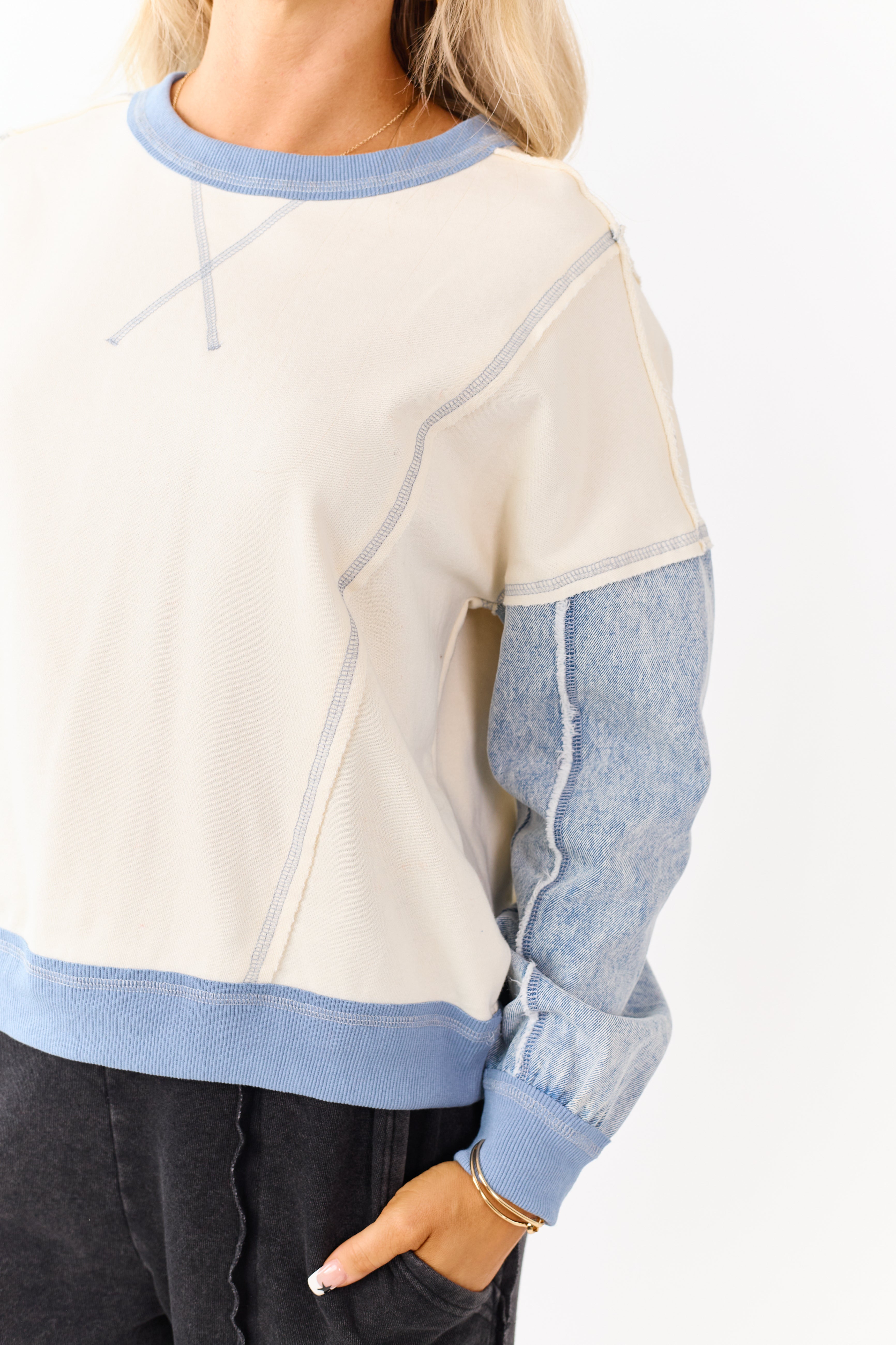 Vanilla Knit Contrast Denim Long Sleeve Top