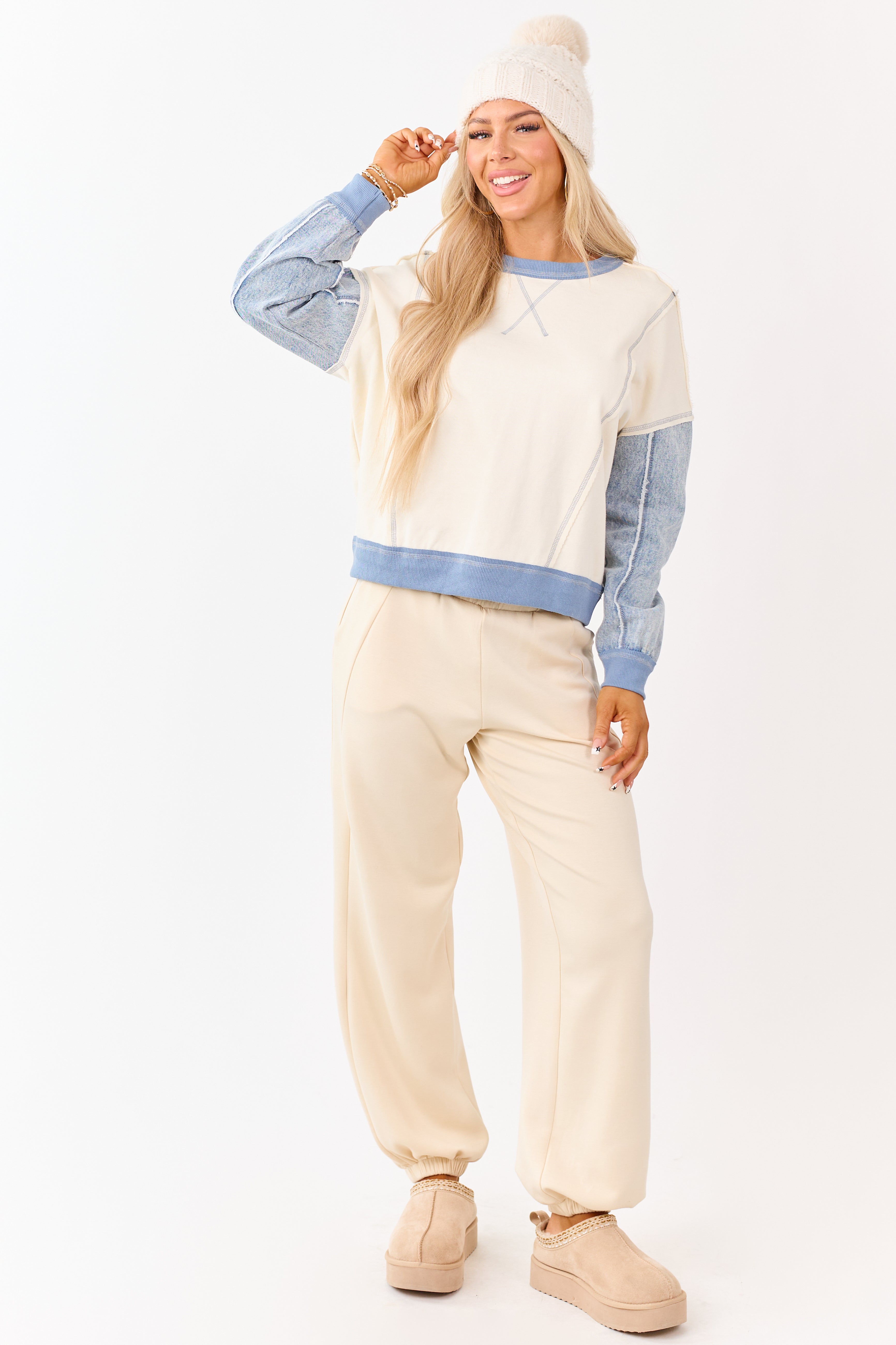 Vanilla Knit Contrast Denim Long Sleeve Top