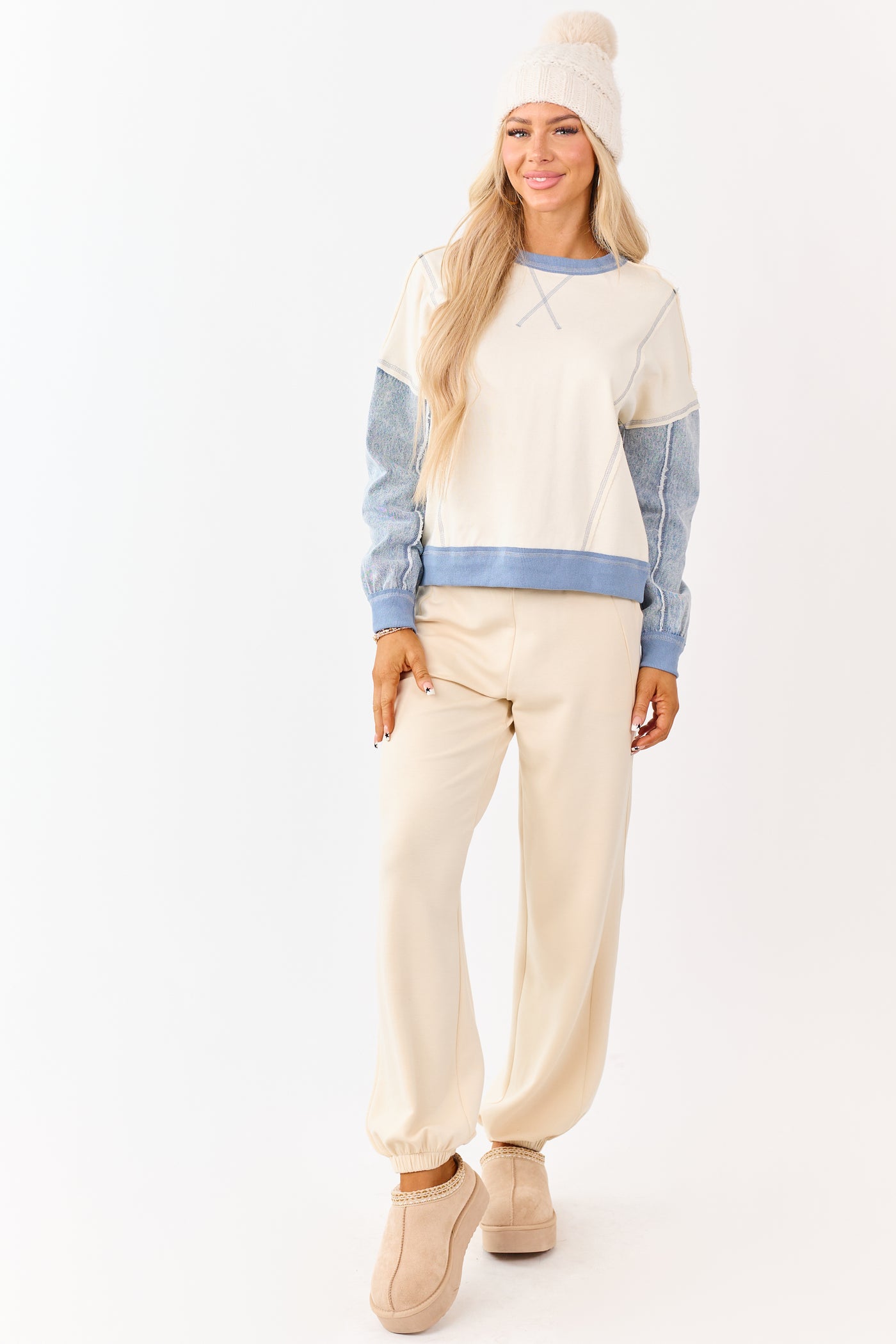 Vanilla Knit Contrast Denim Long Sleeve Top