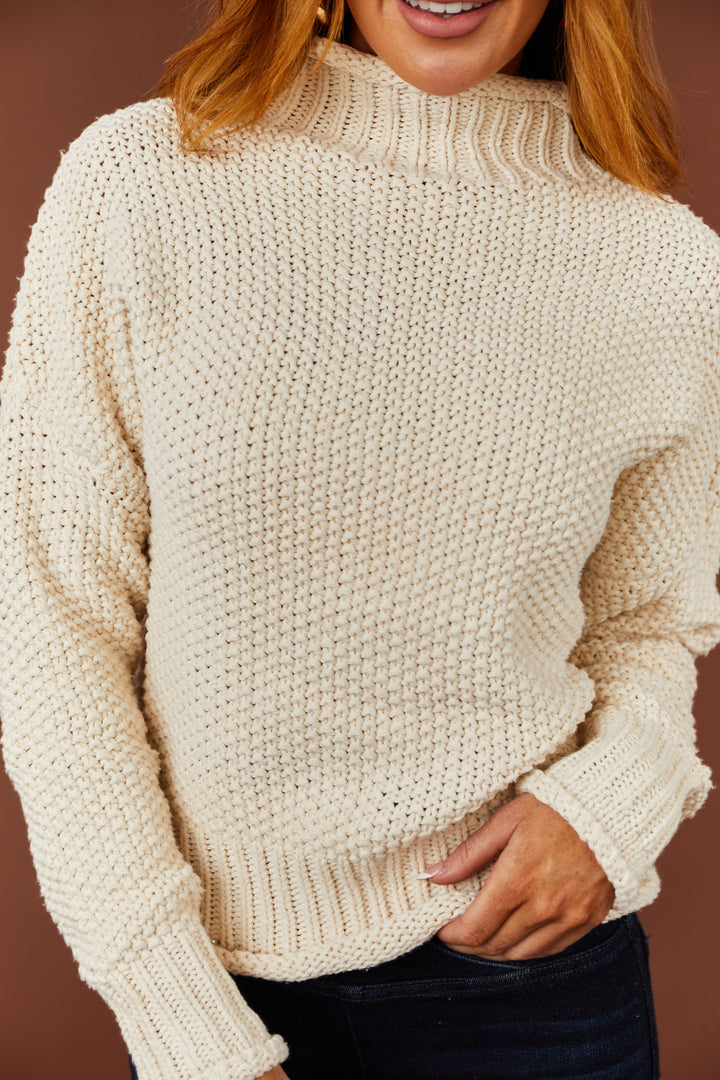 Vanilla Mock Neck Rolled Hem Chunky Sweater