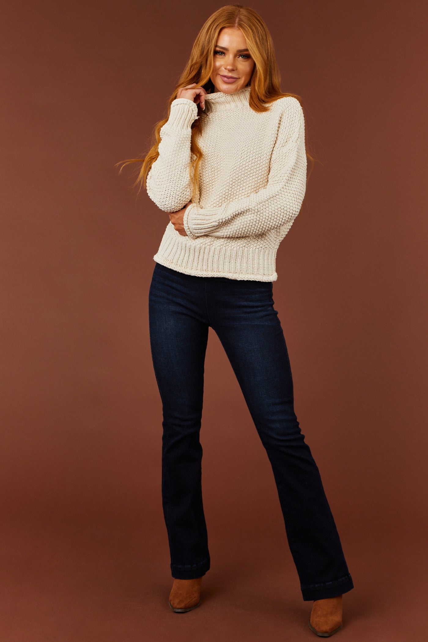 She+Sky Vanilla Mock Neck Rolled Hem Chunky Sweater | Lime Lush