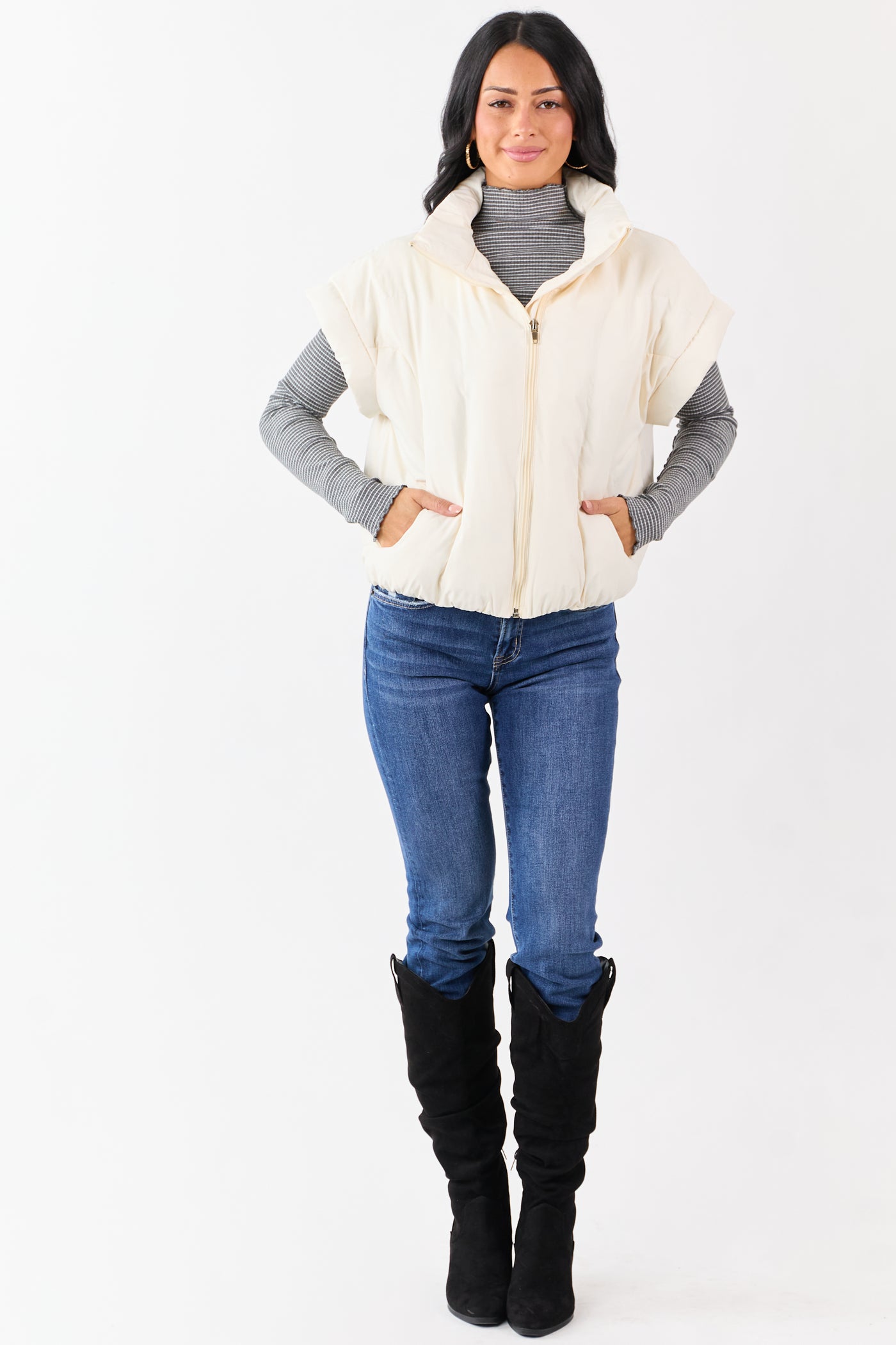 Vanilla Mock Neck Zip Up Quilted Puffer Vest
