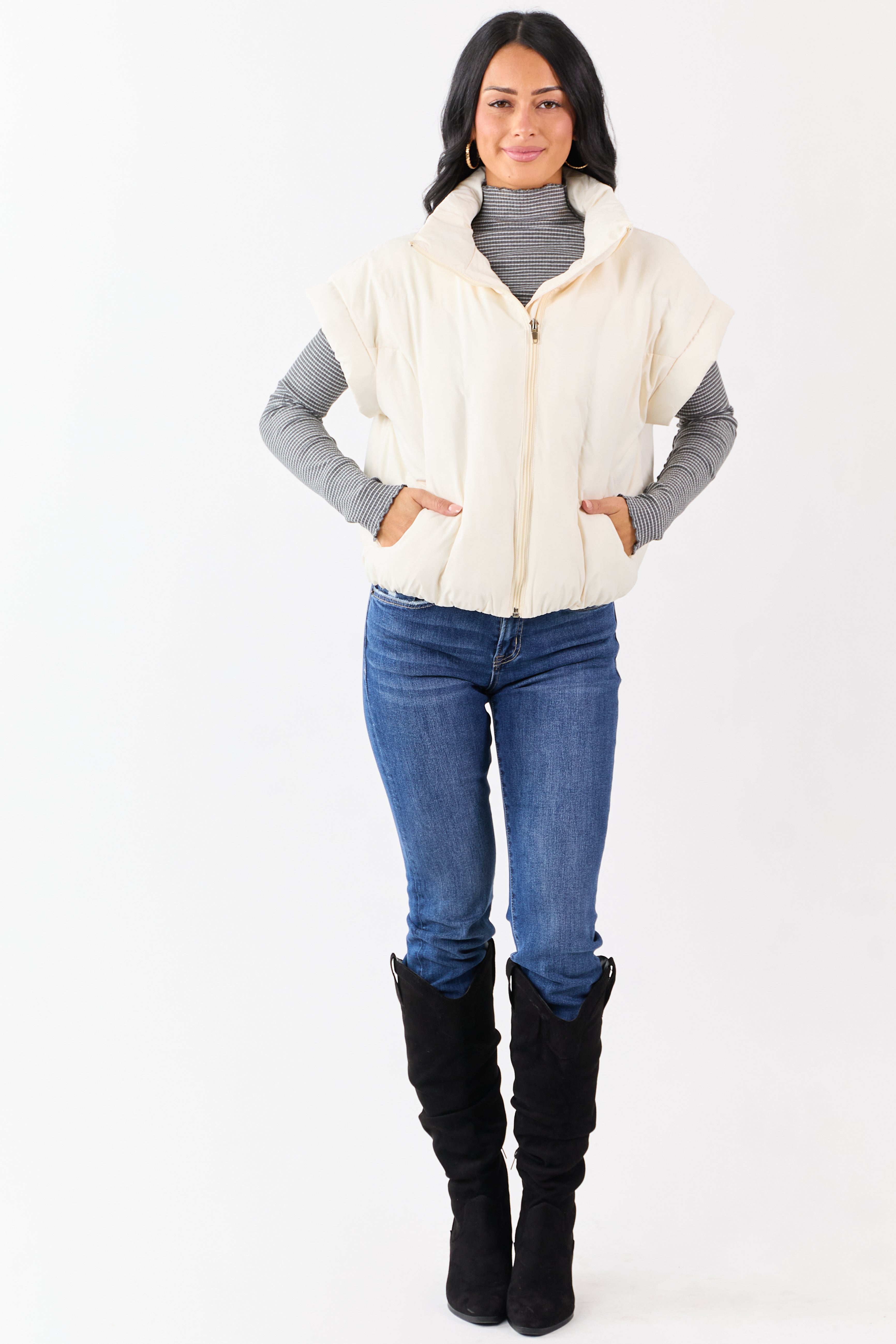 Vanilla Mock Neck Zip Up Quilted Puffer Vest