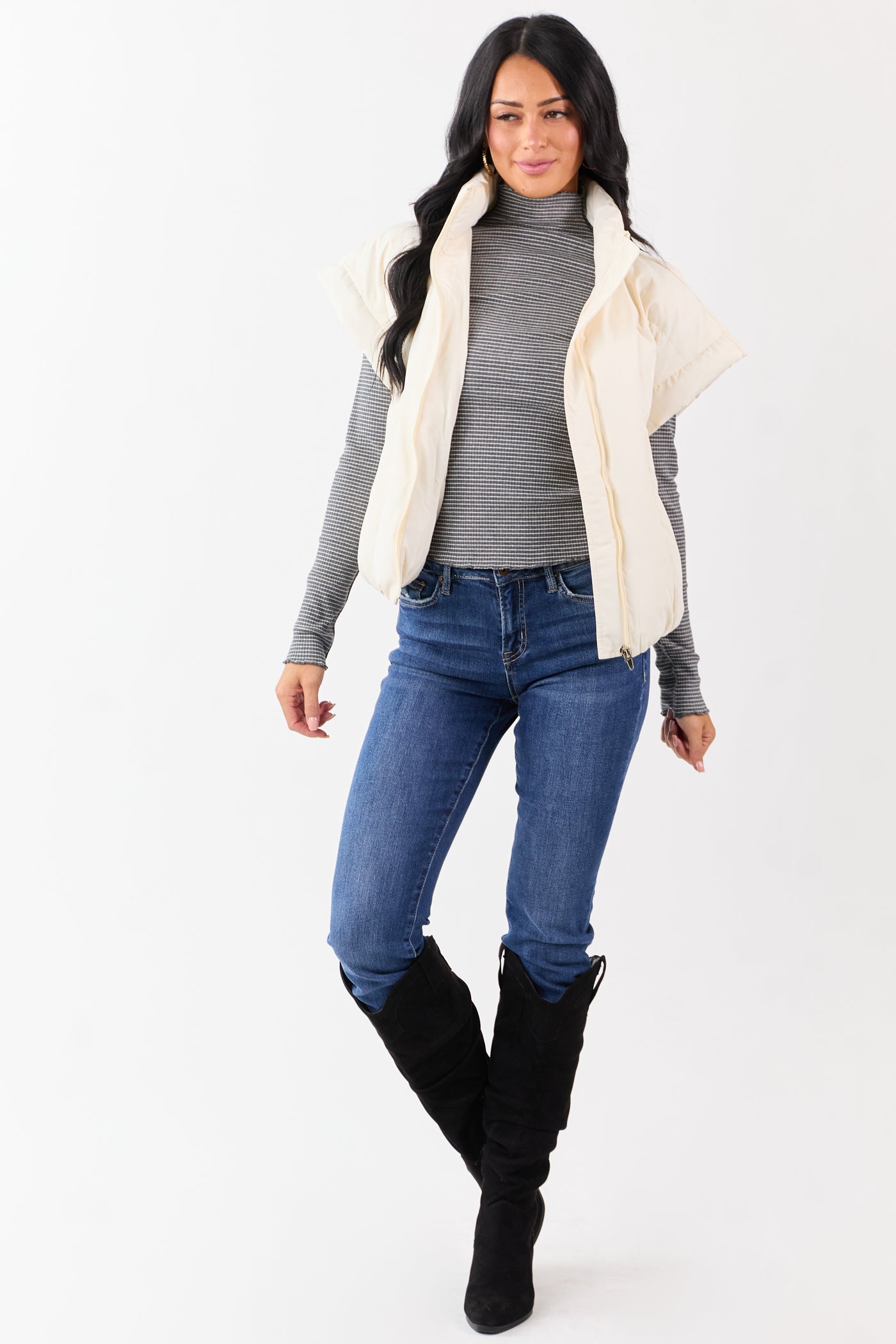Vanilla Mock Neck Zip Up Quilted Puffer Vest
