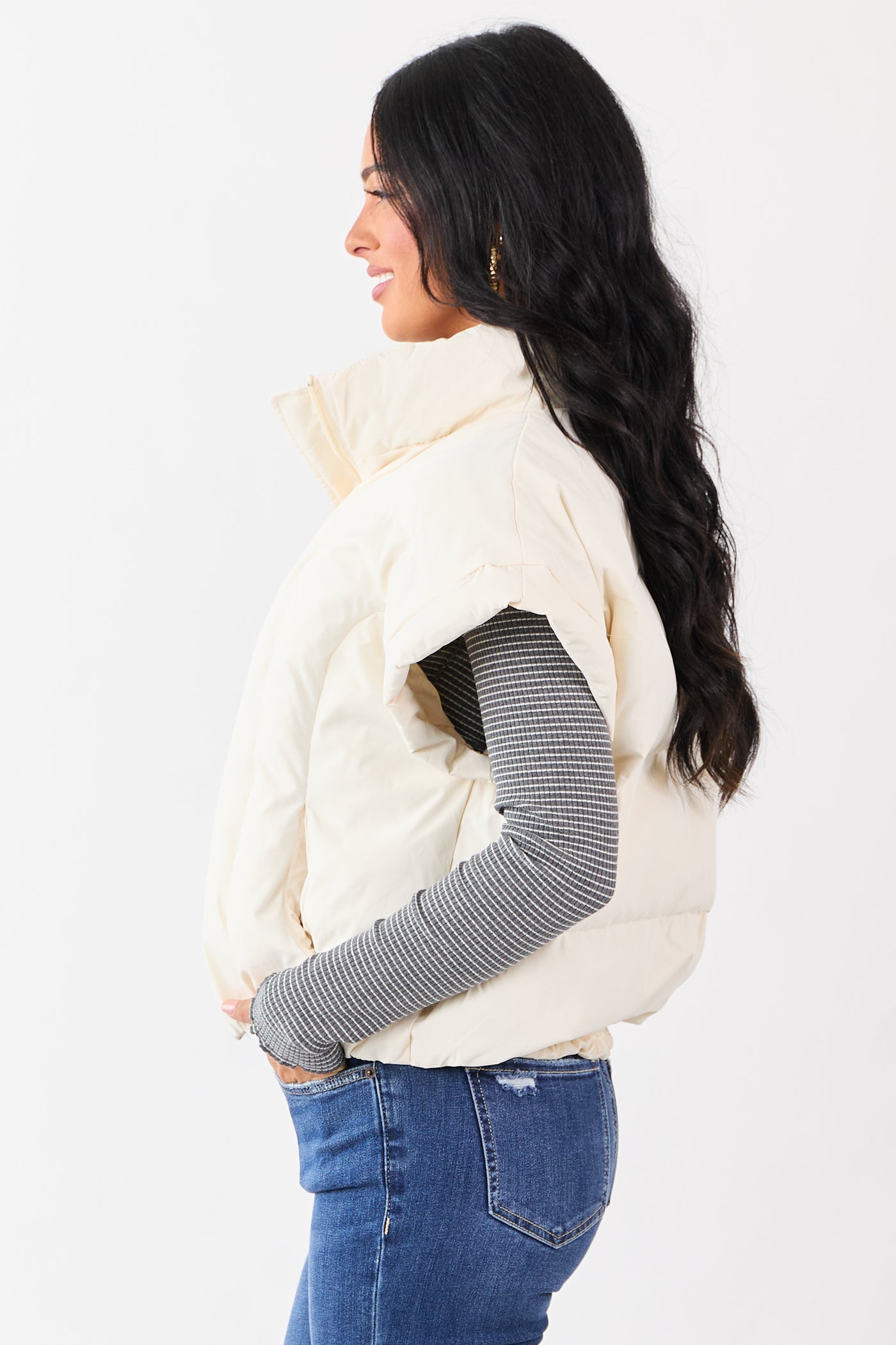 Vanilla Mock Neck Zip Up Quilted Puffer Vest