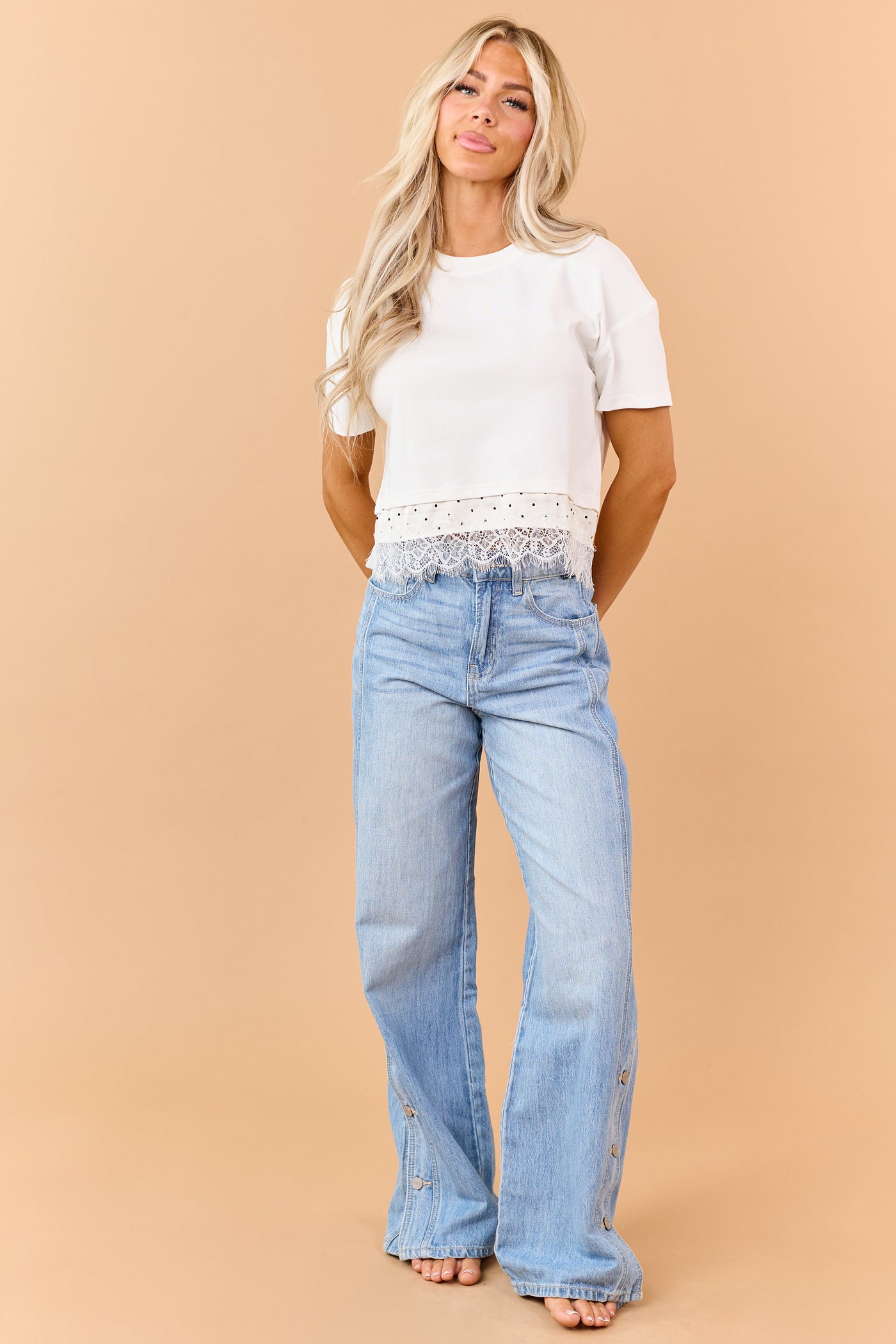 Vanilla Polka Dot Lace Hem Boxy Short Sleeve Tee