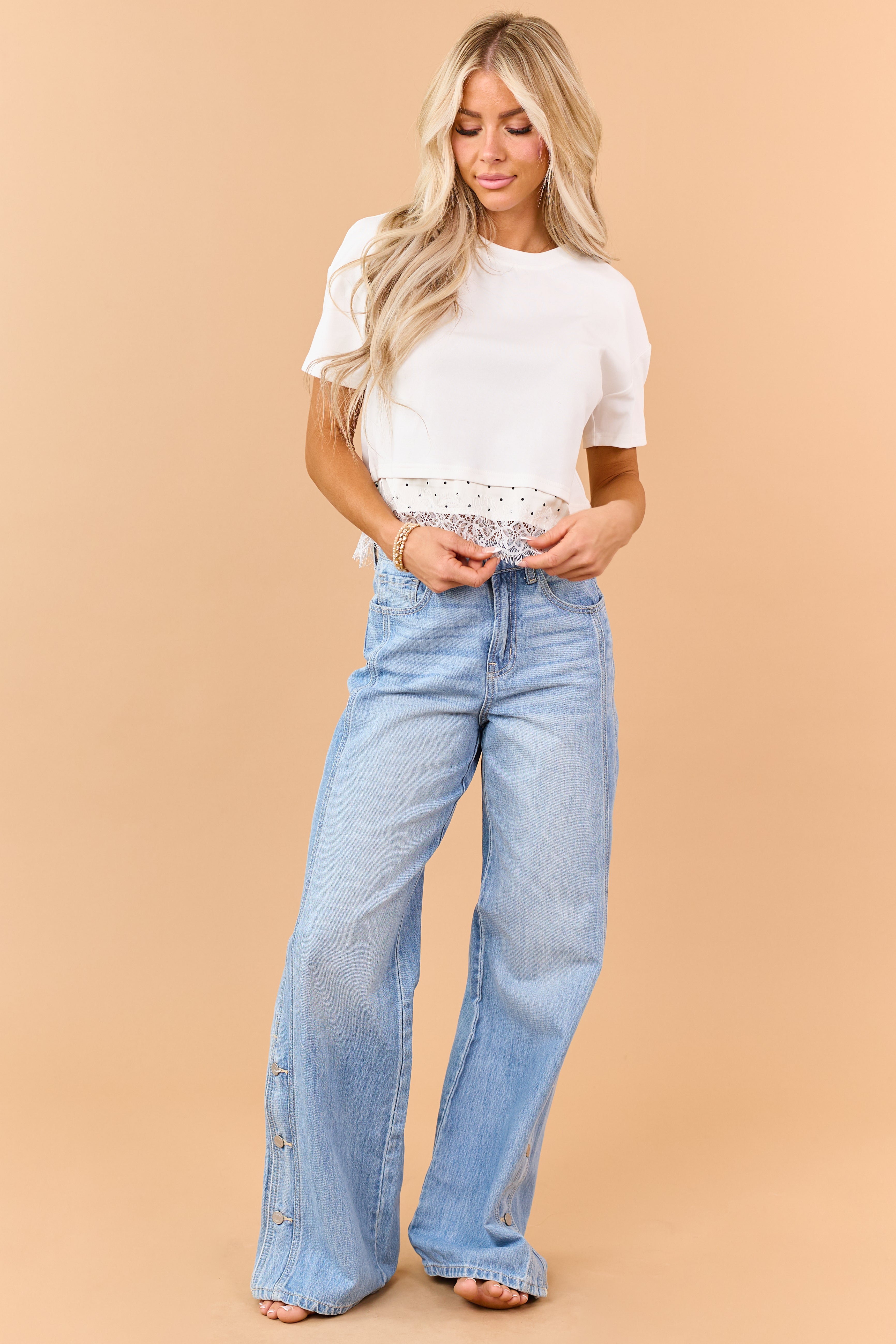 Vanilla Polka Dot Lace Hem Boxy Short Sleeve Tee