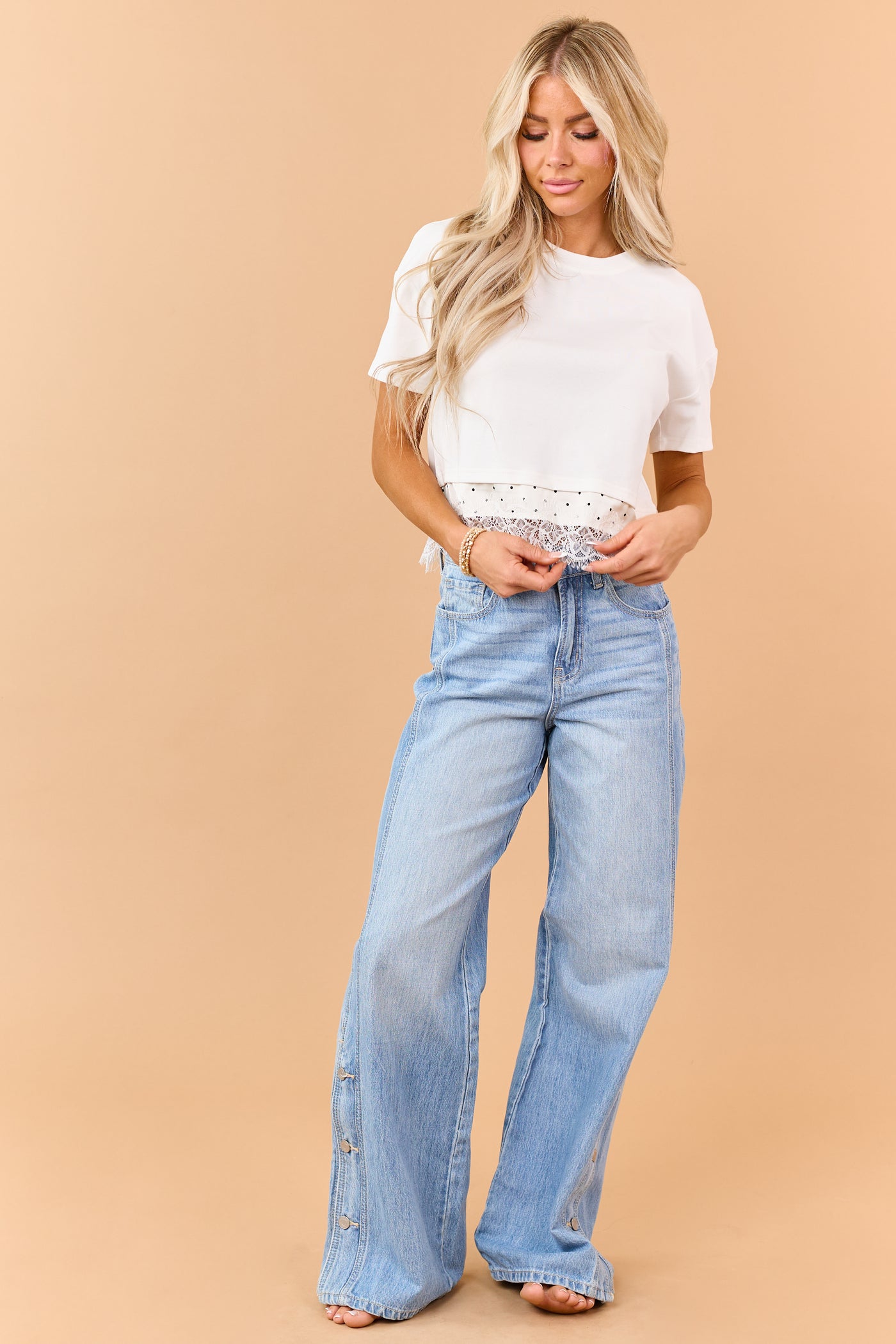 Vanilla Polka Dot Lace Hem Boxy Short Sleeve Tee