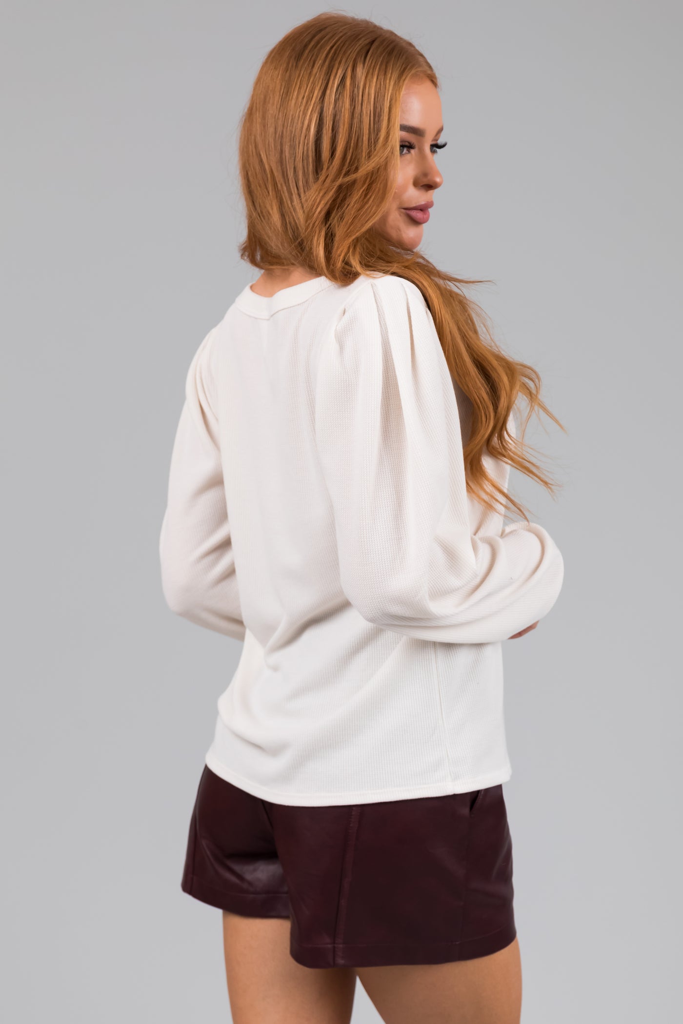 Vanilla Puff Shoulder Thermal Knit Top