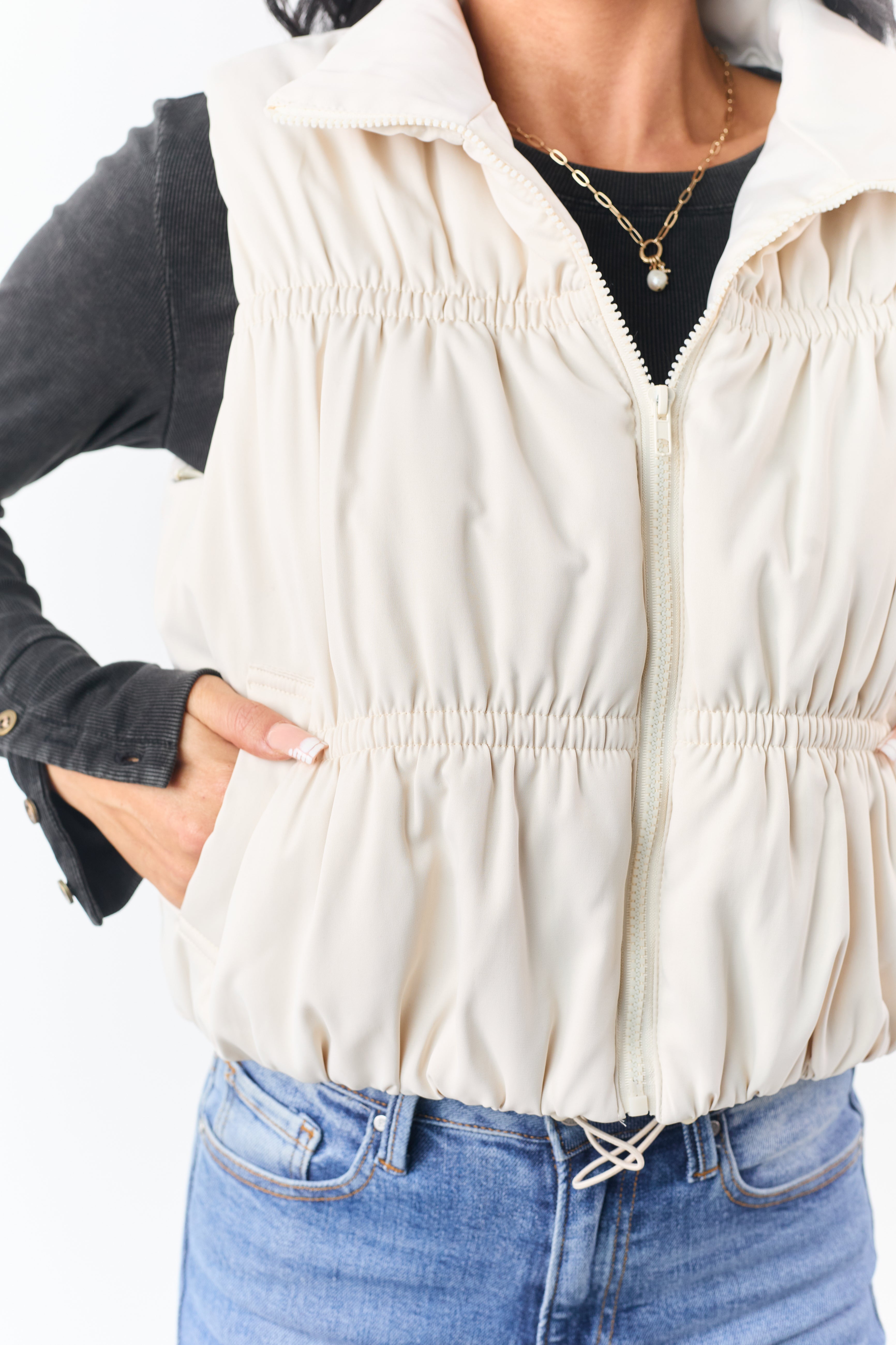Vanilla Ruched Zip Up Puffer Vest