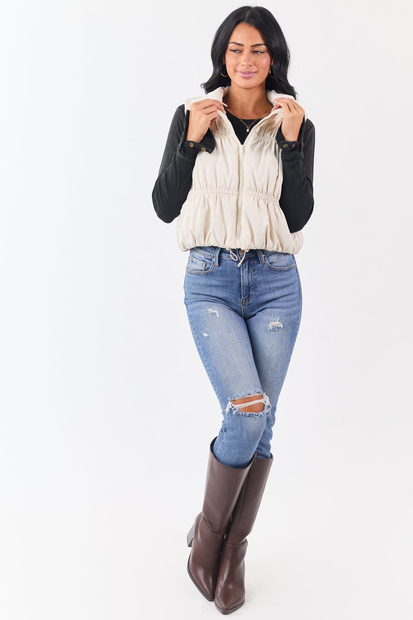 Vanilla Ruched Zip Up Puffer Vest