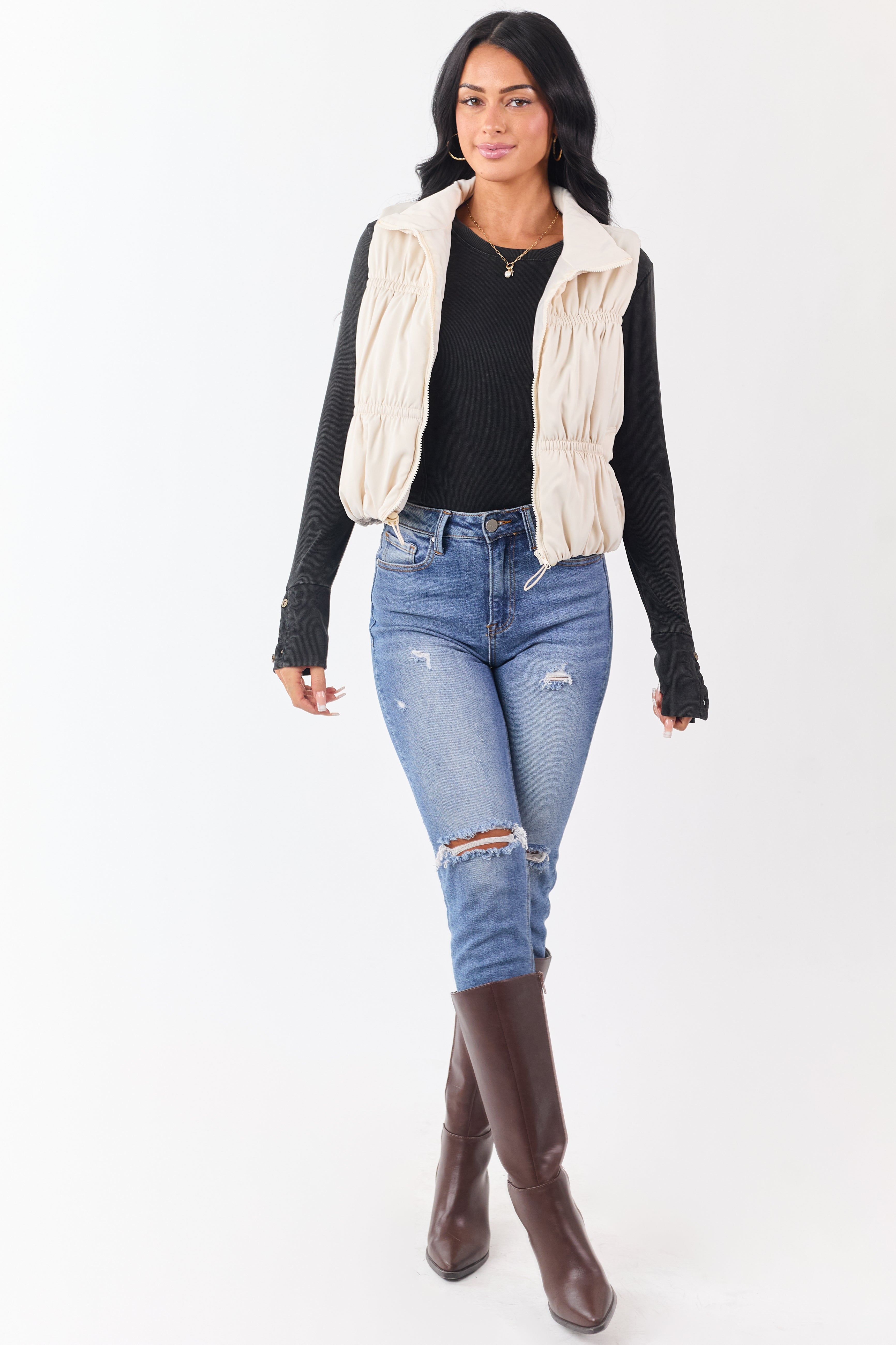 Vanilla Ruched Zip Up Puffer Vest