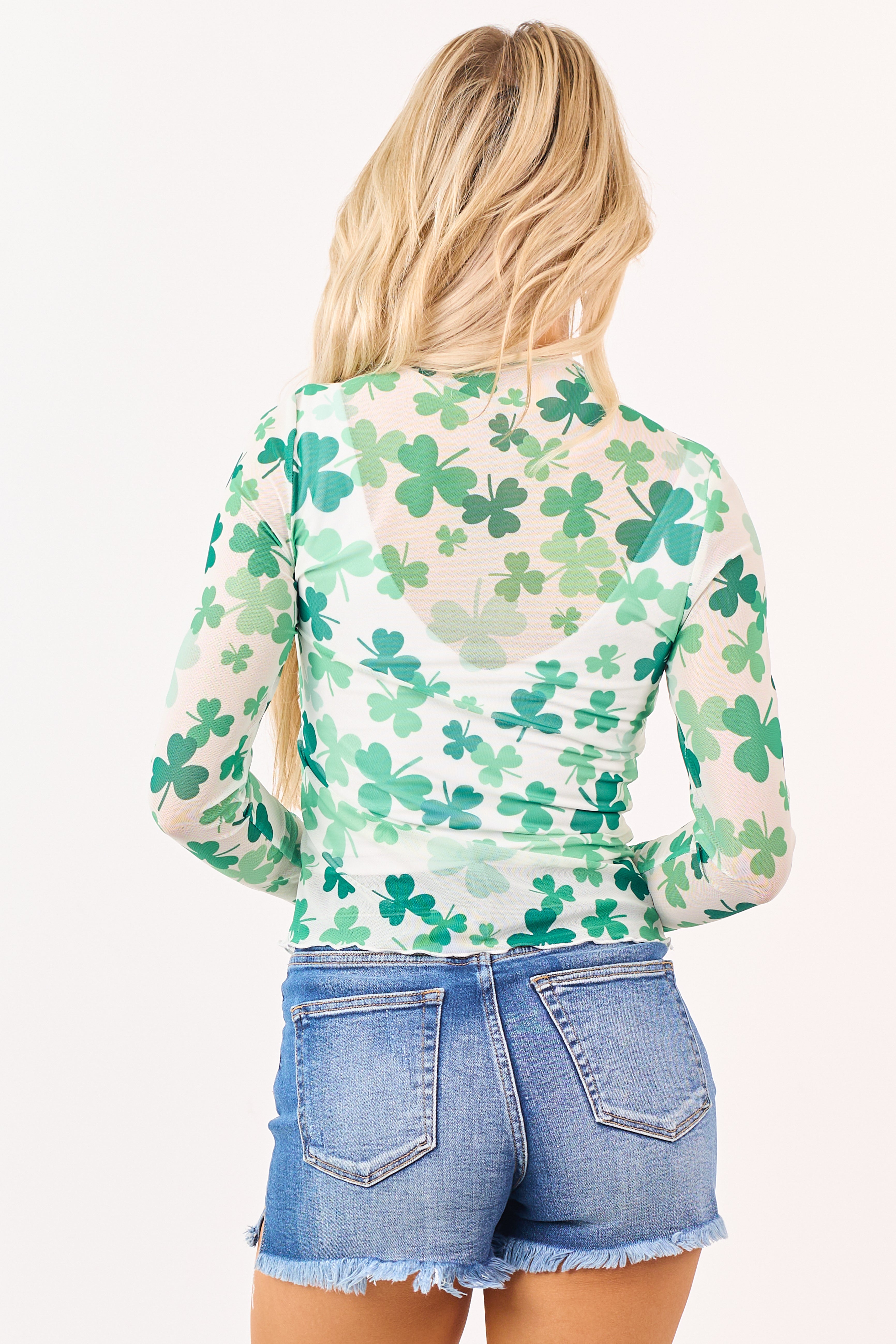 Vanilla Shamrock Pattern Sheer Mesh Long Sleeve Top
